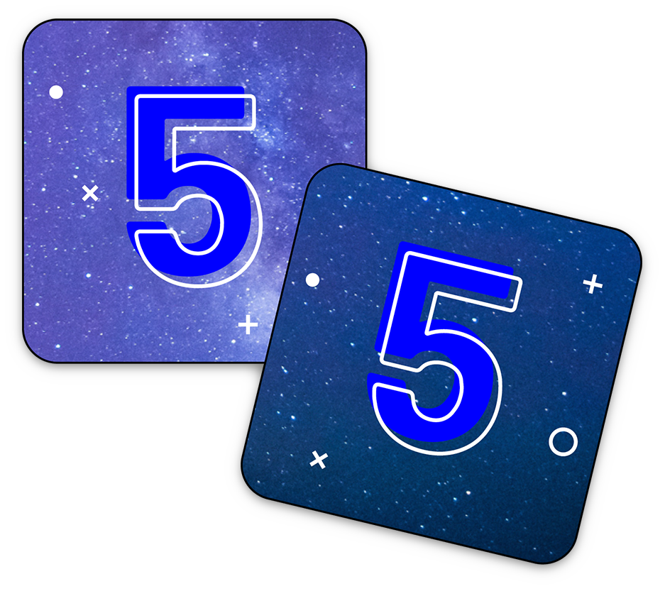 Digital illustrations of the number 5 with a starry sky background in shades of blue and purple, each displayed in a square format with decorative cosmic elements