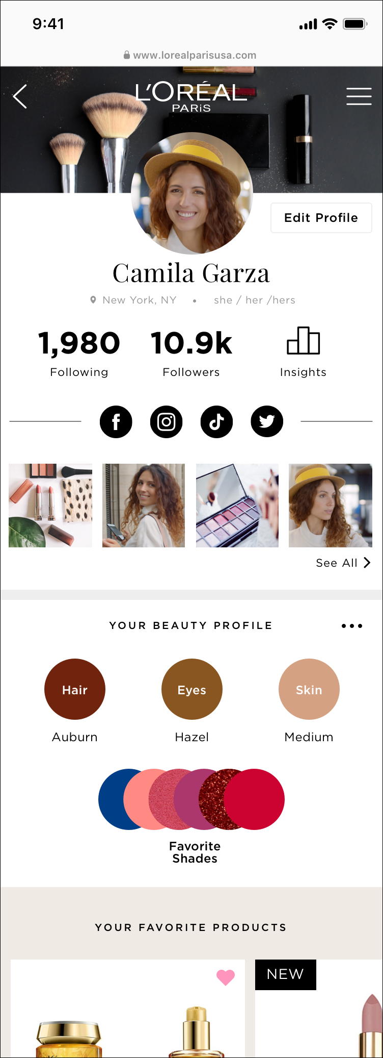 Screenshot of a beauty shopping app profile page featuring a woman with curly hair and a yellow hat, makeup brushes at the top, and sections showing beauty products, personal information, and social media links.
