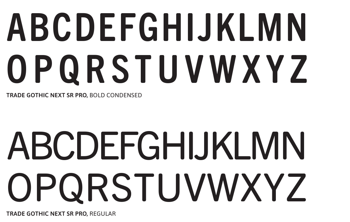 Comparison of two alphabet fonts, Trade Gothic Next SR Pro Bold Condensed at the top and Trade Gothic Next SR Pro Regular at the bottom, both displaying uppercase letters A to Z.