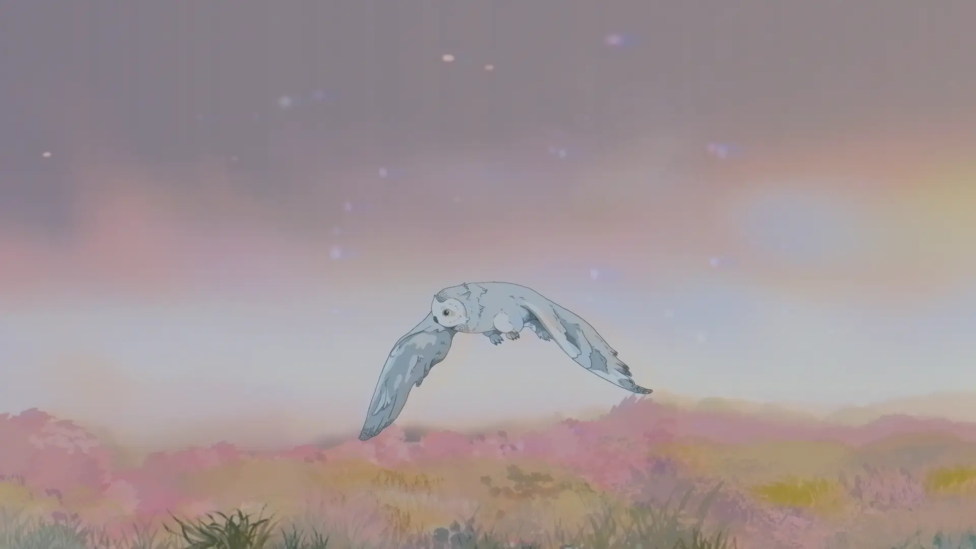 A cartoon owl with a child's face flying in a pastel-colored landscape at sunset