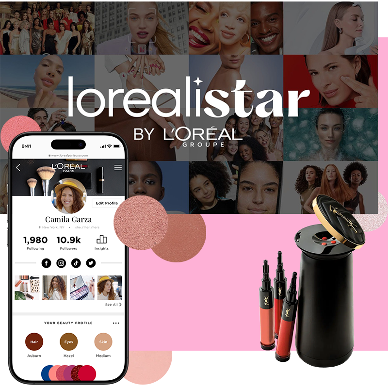 Collage featuring the L'Oreal Paris logo, a smartphone displaying a beauty influencer PROFILE, and Yves Saint Laurent makeup products, with a background of diverse smiling women.