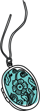 Necklace with a circular pendant featuring a floral design in black outlines on a turquoise background, hanging from a black string. More pendant details are obscured.