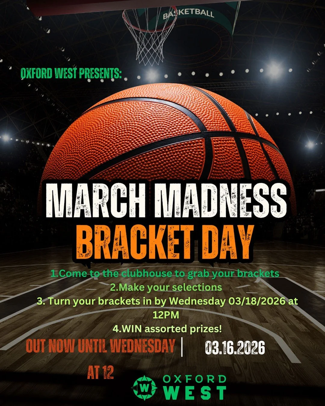 Come get your March Madness brackets! 🏀

Pick up your bracket now through Wednesday at 12 PM and turn it into the Leasing Office! The winner will be selected once the tournament bracket is completed.

Also, starting Thursday from 12PM, we&rsquo;ll h