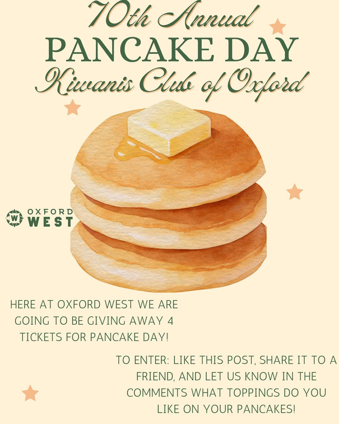🥞🎉 DID SOMEONE SAY FREE PANCAKES?! 🎉🥞

Join us for the 70th Annual Kiwanis Club Pancake Day &mdash; and guess what&hellip; we&rsquo;re giving away FREE tickets to this can&rsquo;t-miss event! 🎟️😍

✨ GIVEAWAY TIME! ✨
Want to WIN some pancake per