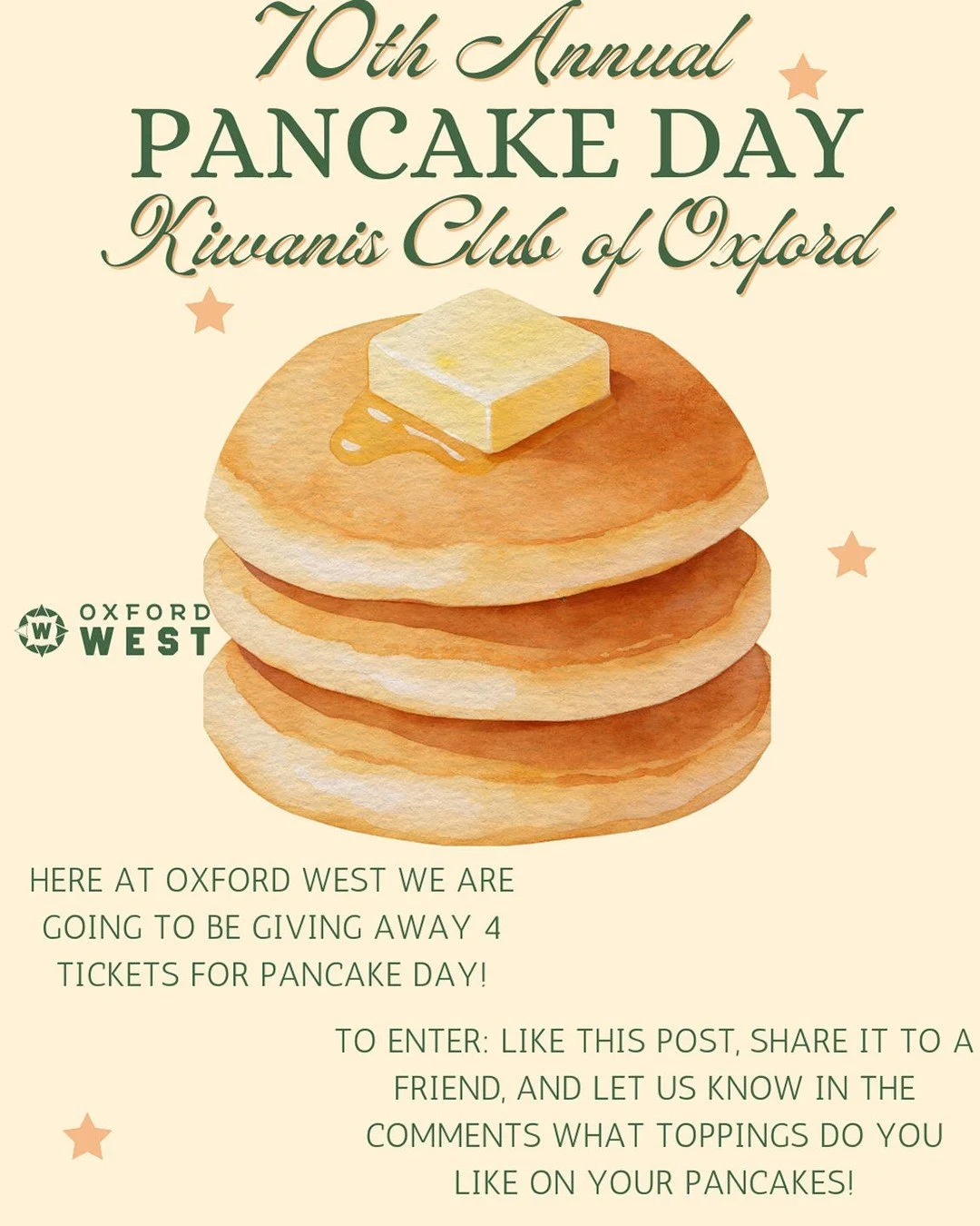 🥞🎉 DID SOMEONE SAY FREE PANCAKES?! 🎉🥞

Join us for the 70th Annual Kiwanis Club Pancake Day &mdash; and guess what&hellip; we&rsquo;re giving away FREE tickets to this can&rsquo;t-miss event! 🎟️😍

✨ GIVEAWAY TIME! ✨
Want to WIN some pancake per