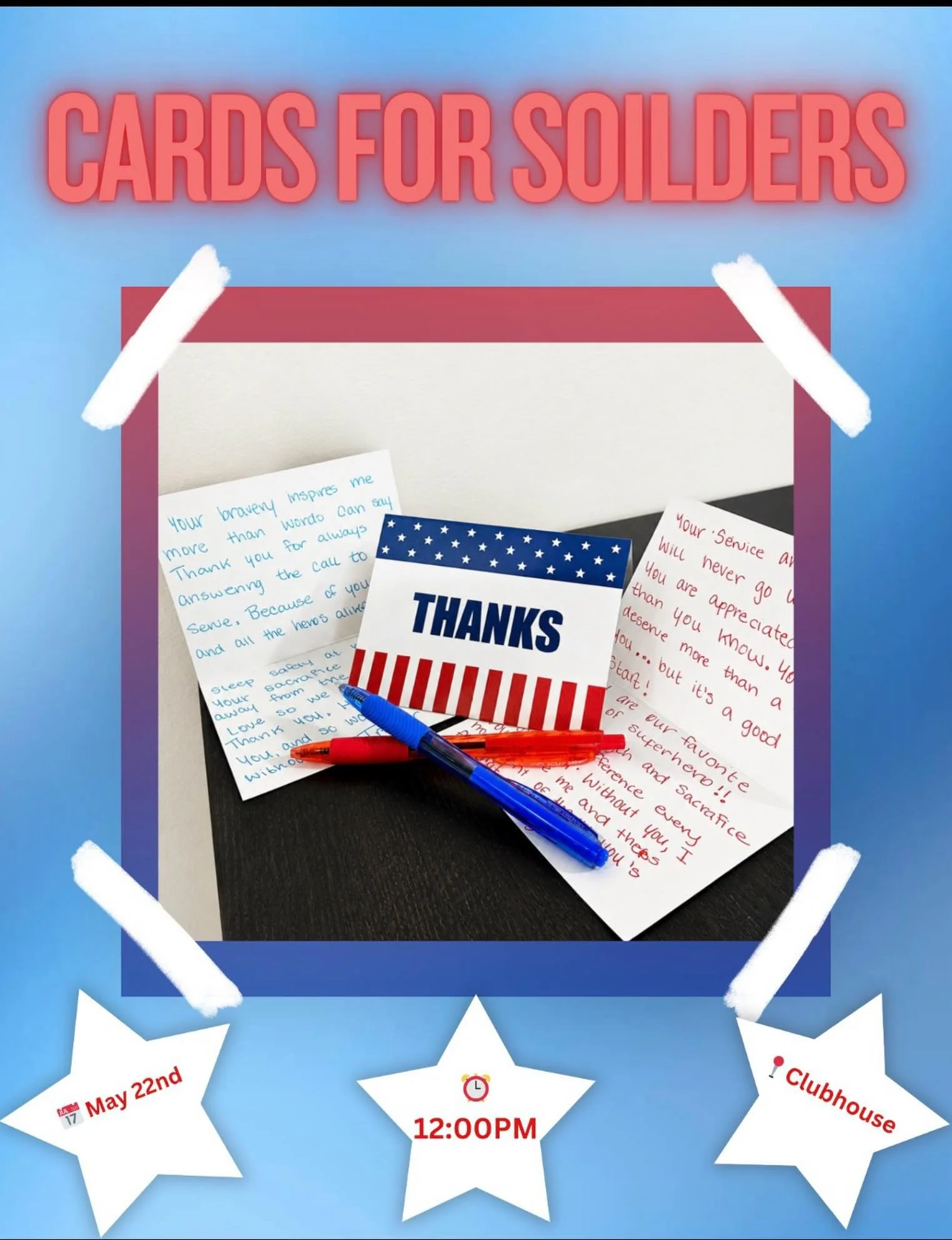 Come stop by our signing station May 22nd and pick out supplies to make a thank-you card for our soldiers!

Help us show appreciation with a thoughtful message and a little creativity 🫶🏼❤️🤍💙