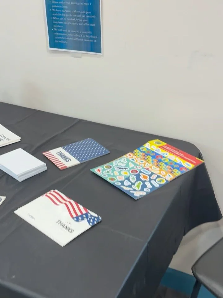 Join us in spreading a little kindness and appreciation ❤️

Stop by our card-making station to create a heartfelt message of our military! We&rsquo;ll have markers, stickers, pens, and plenty of supplies for you to get creative. Once complete, all ca