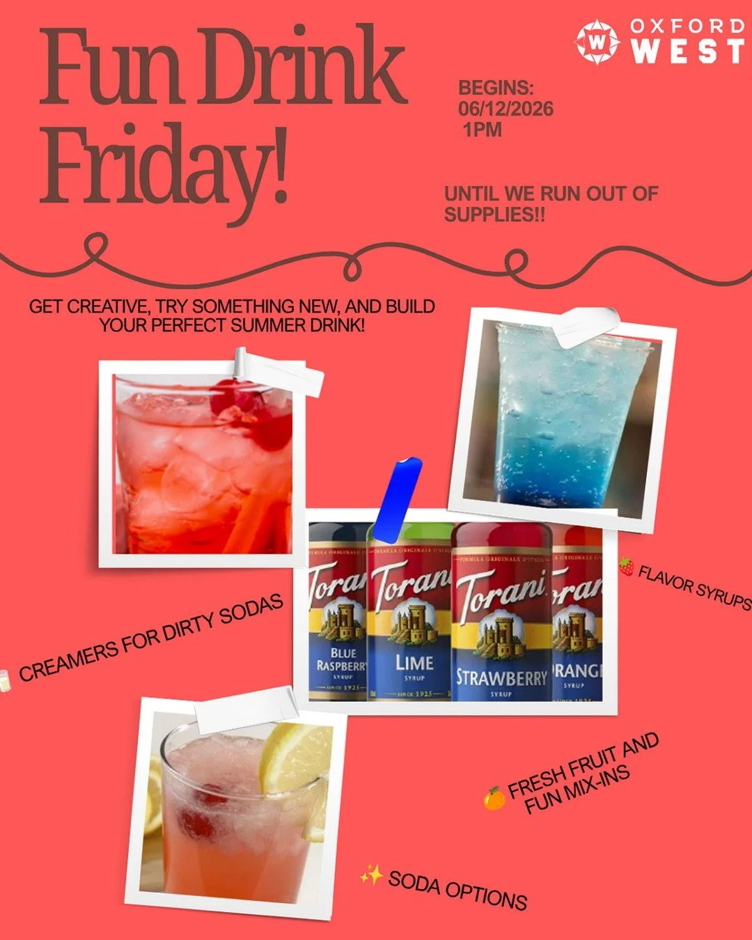 Get ready to mix, match, and create your own custom drink!
Join us in the clubhouse beginning at 1:00 PM for a DIY Dirty Soda &amp; Lemonade Bar. We'll have all kinds of syrups, creamers, fresh fruit, and your favorite drinks so you can create the pe