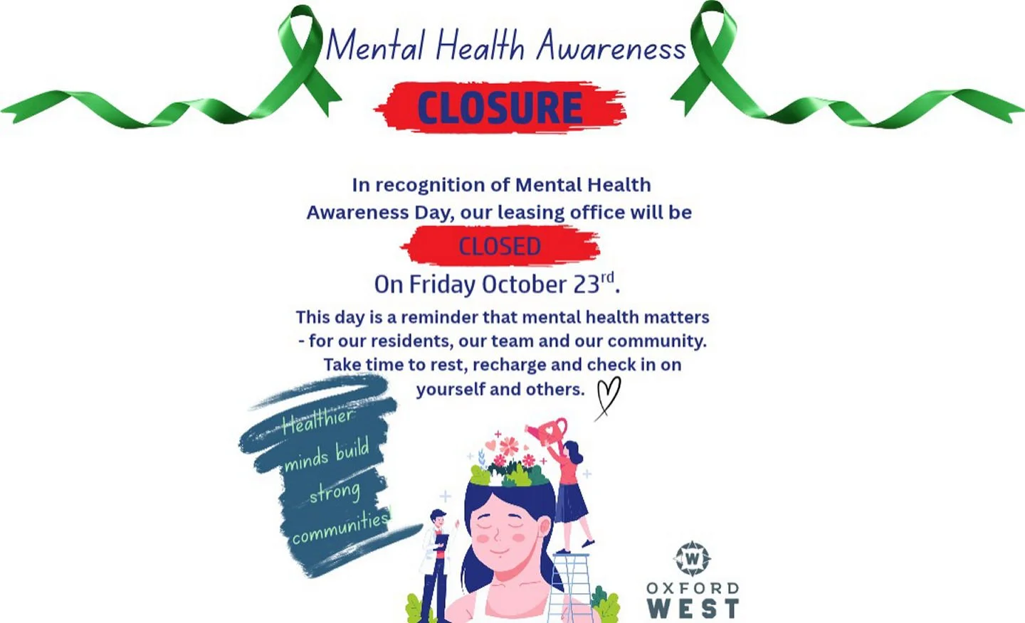 Coastal Ridge recognizes mental health is important, so our offices will be closed today! We encourage everyone to do something that makes them smile.
