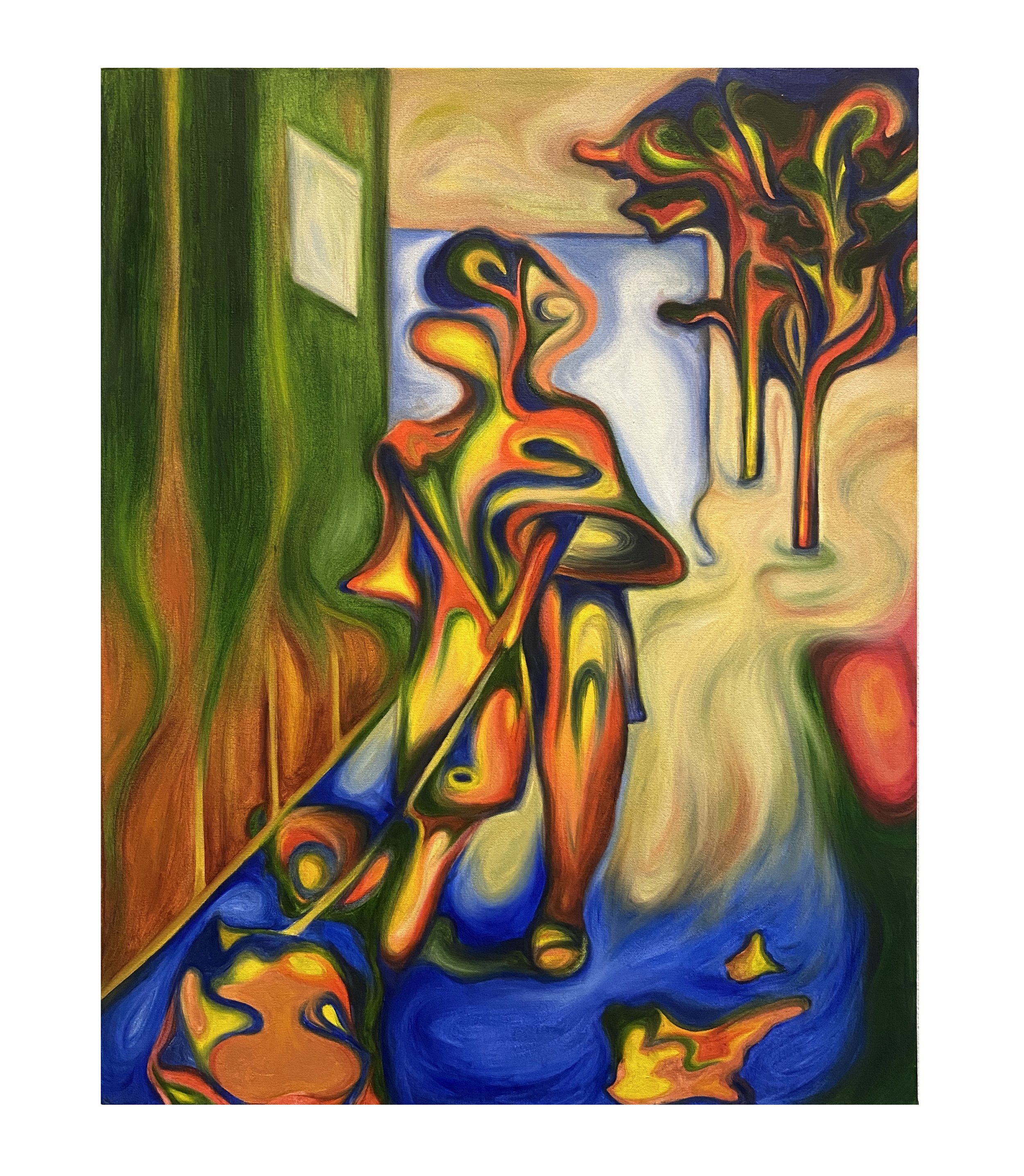 Woman walking her dog, 36 x 24 in., Oil
