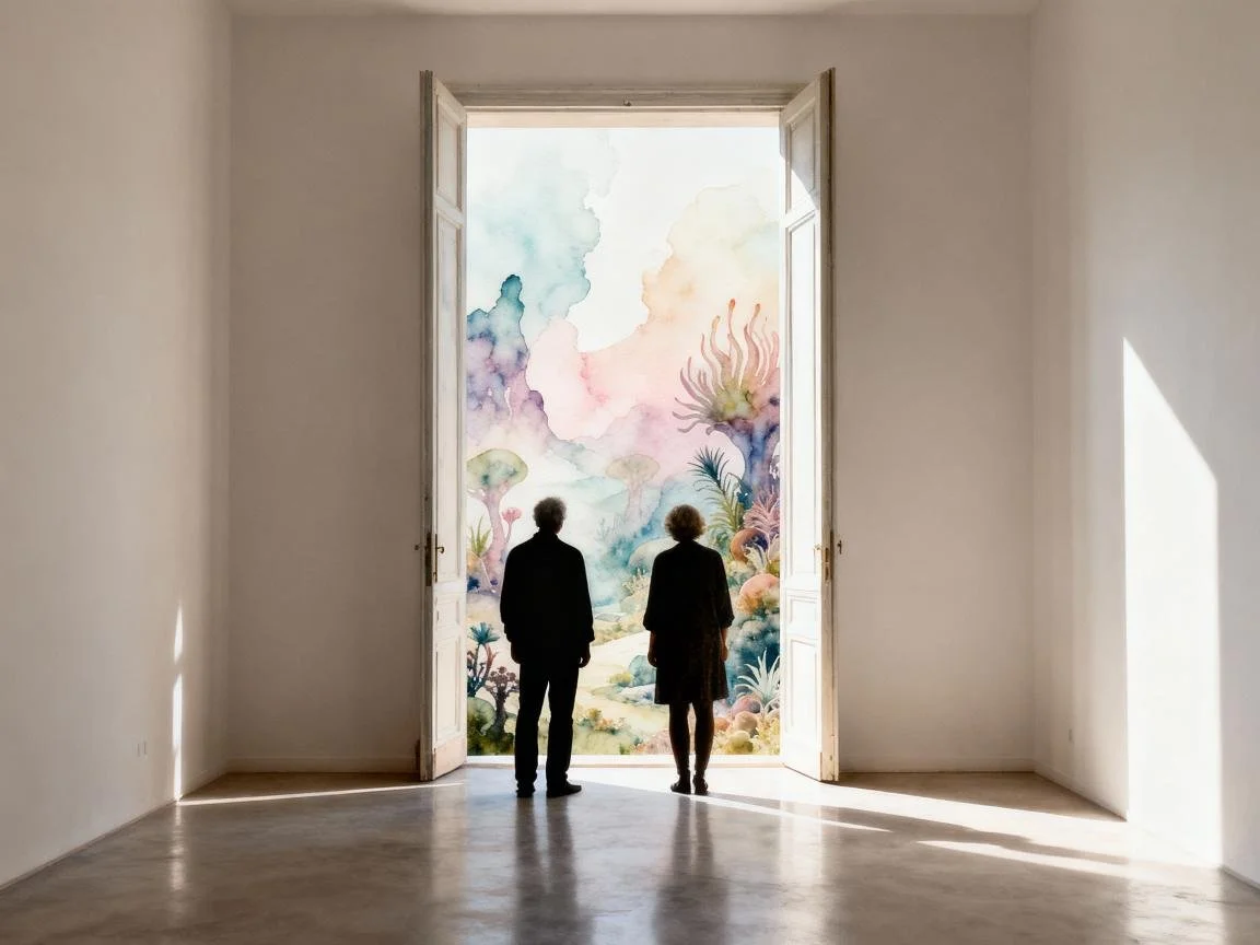 Two midlife adults standing in an empty white room, looking out of large open doors at a vibrant, colorful watercolor fantastical landscape to symbolize inner transformation.