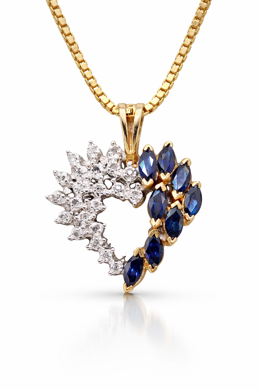 Two Tone Gold Diamond/ Sapphire Heart Pendant Necklace