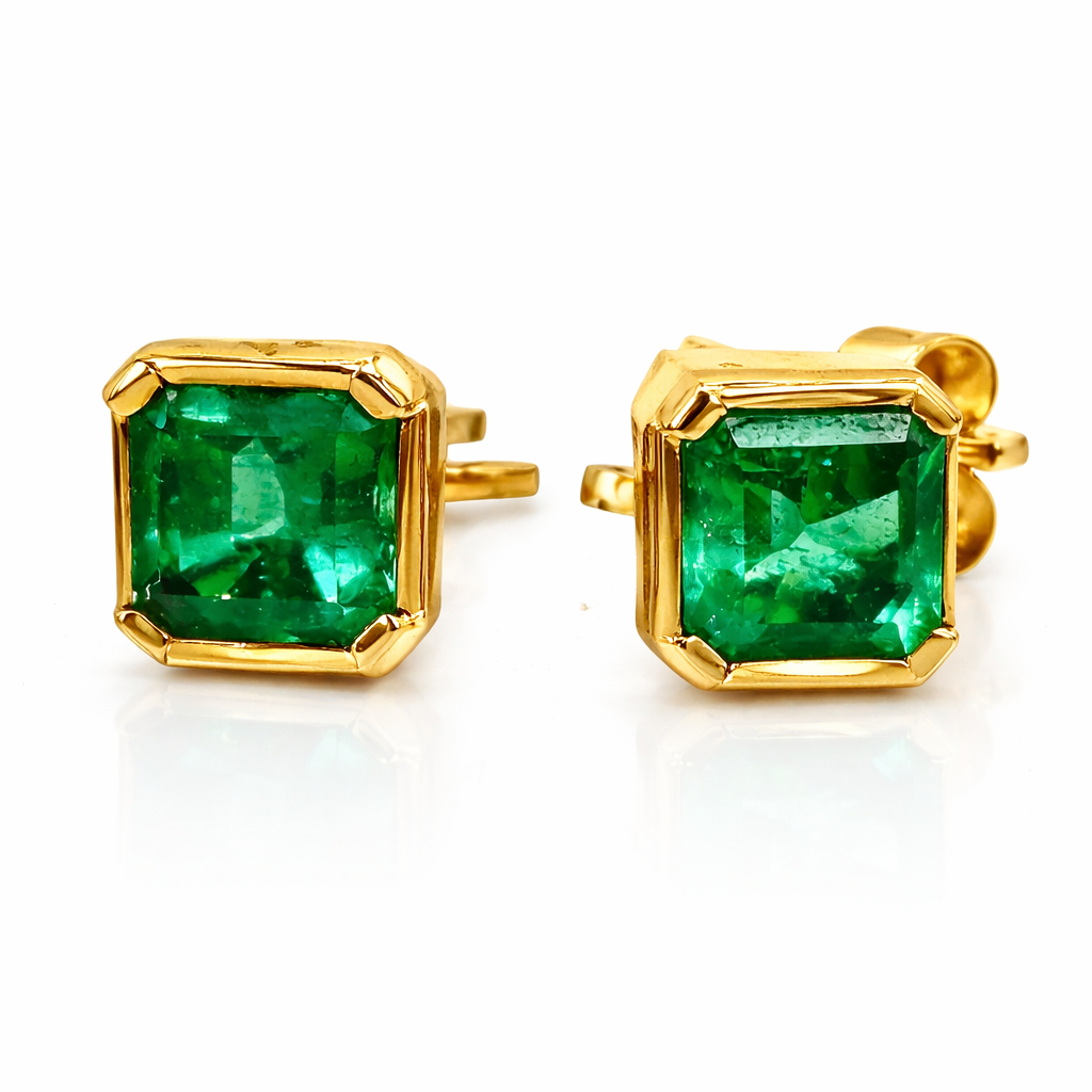 Yellow Gold Bezel Set Emerald Earrings