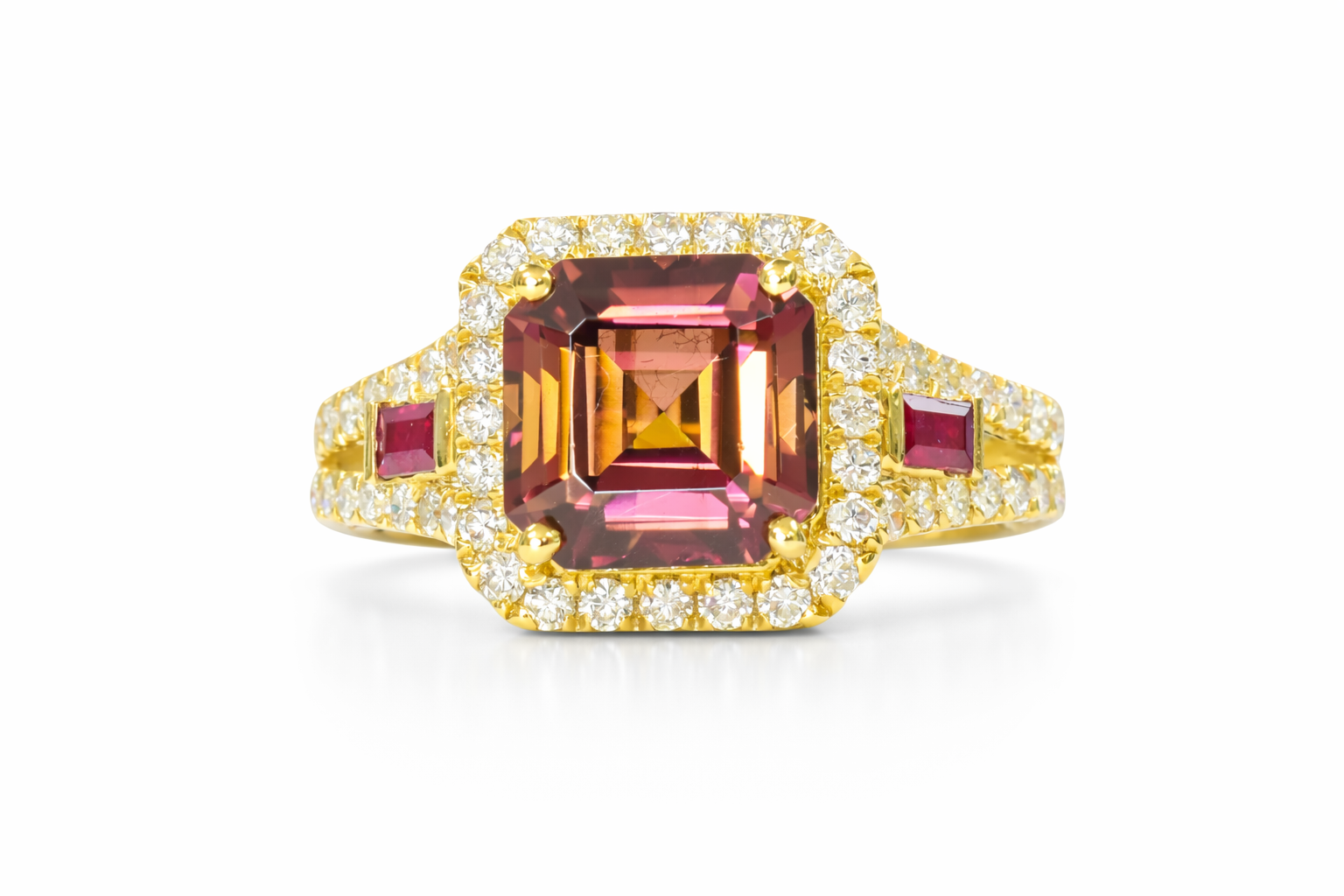 Asscher Cut Pink Tourmaline & Diamond Split Shank Ring