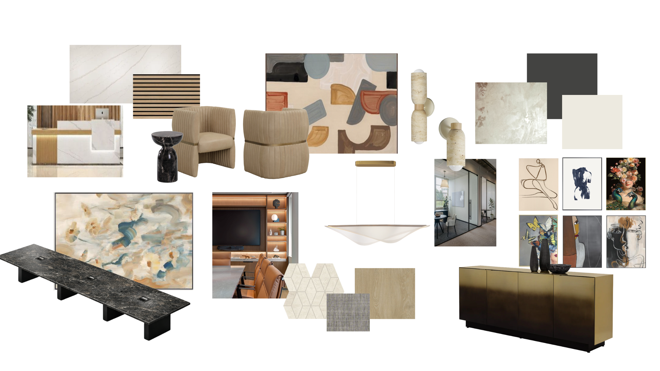 A collage of interior design elements including furniture, artwork, and decor for a modern home interior.