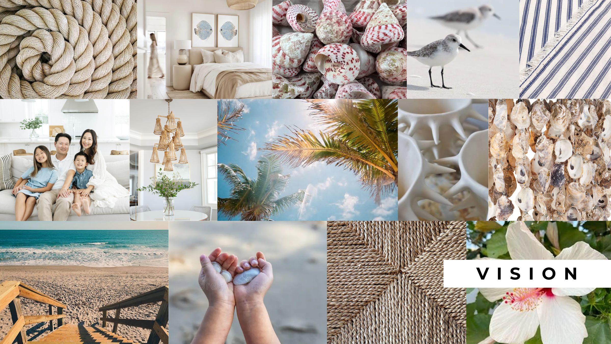 A collage of various nature and home interior scenes including a close-up of shells, a bedroom with framed fish artwork, small birds on the sand, a family sitting on a couch, palm trees against a blue sky, a beach with sand and ocean waves, a hand holding seashells, woven rope textures, and tropical flowers.