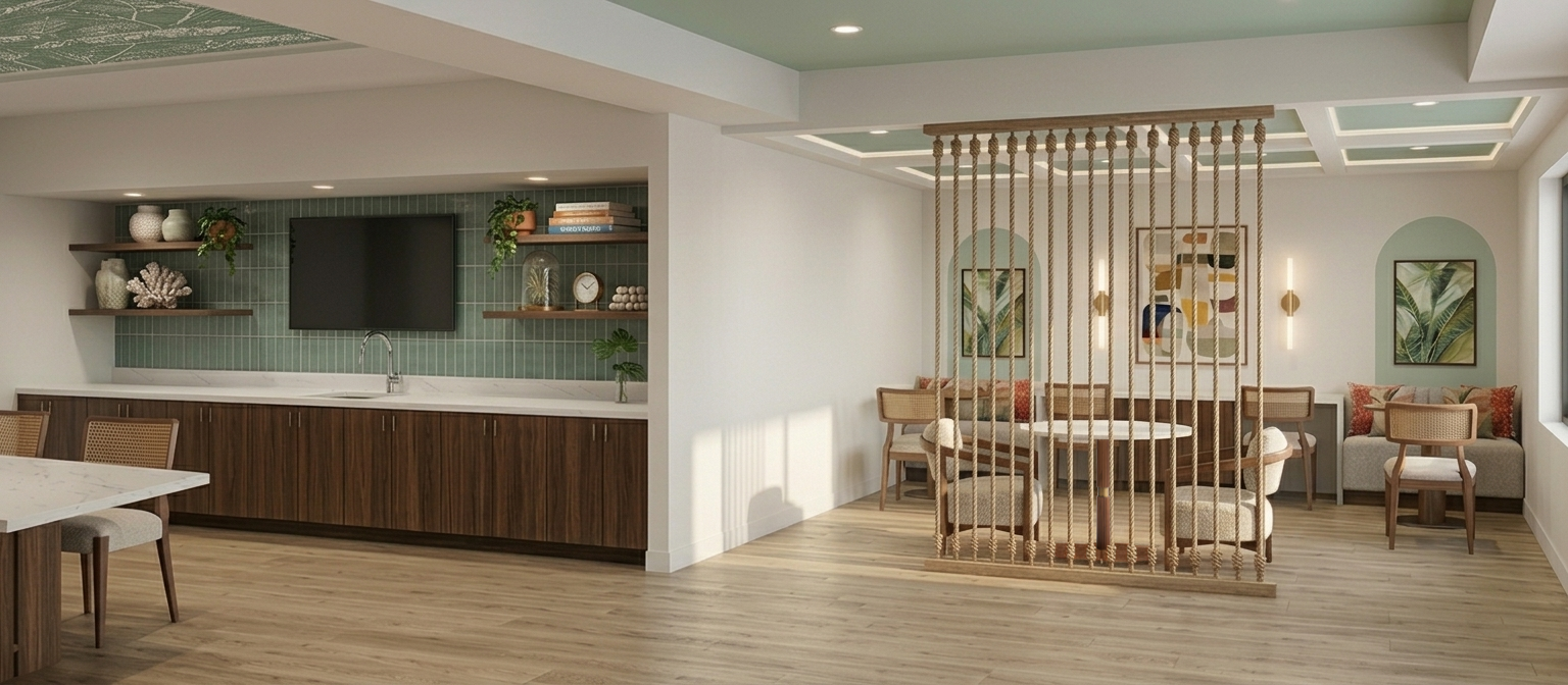 Florida multifamily clubhouse with co-work and resident kitchen.