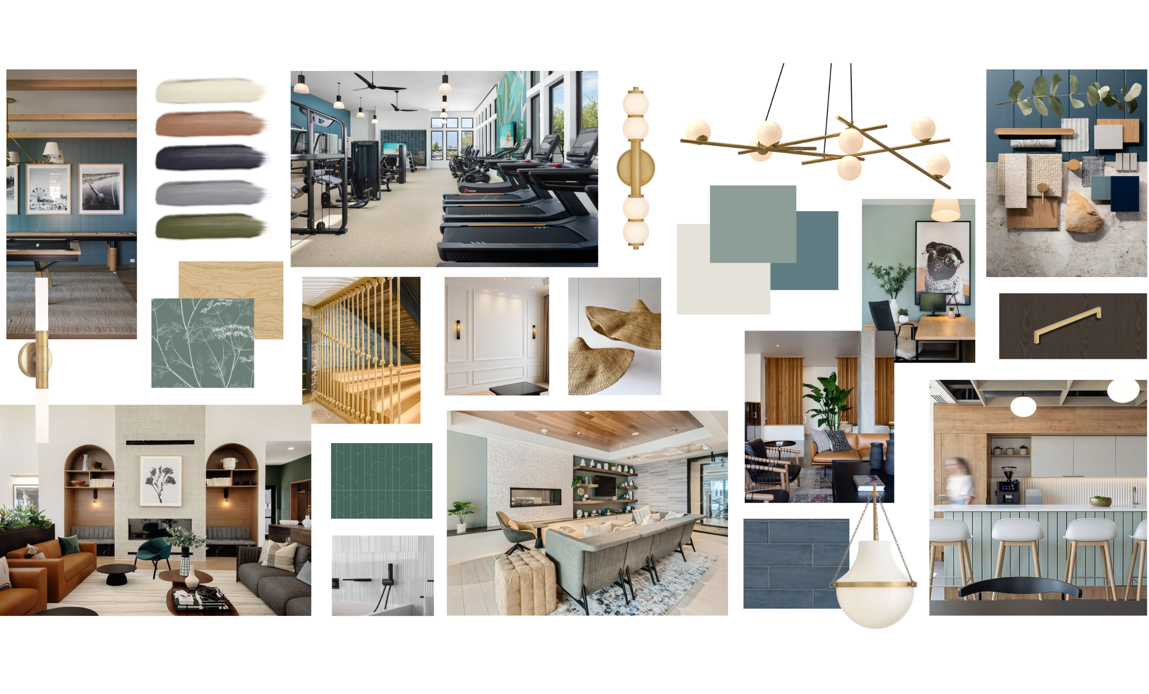 A collage of interior design elements including finish materials wall colors, decor, lighting fixtures, and furniture styles, for multifamily interior design