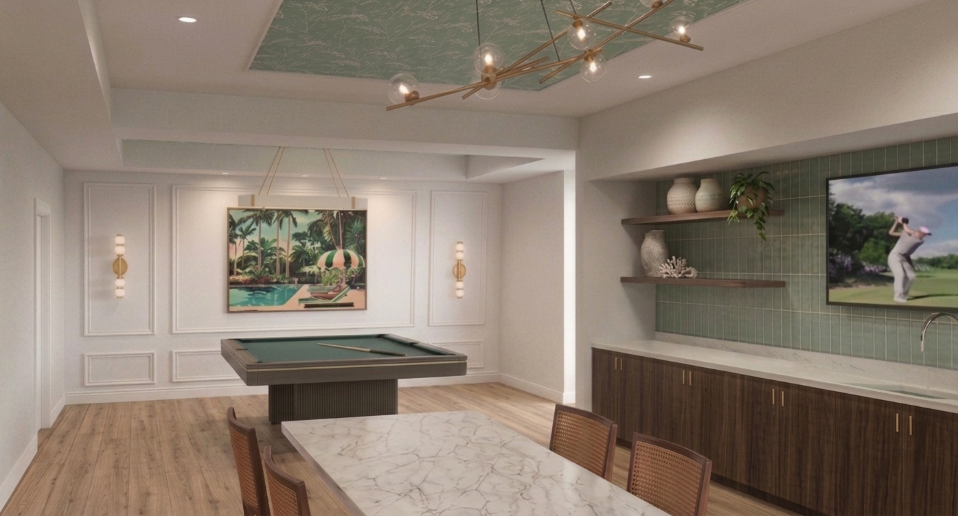 Florida multifamily clubhouse amenity with resident kitchen and pool table