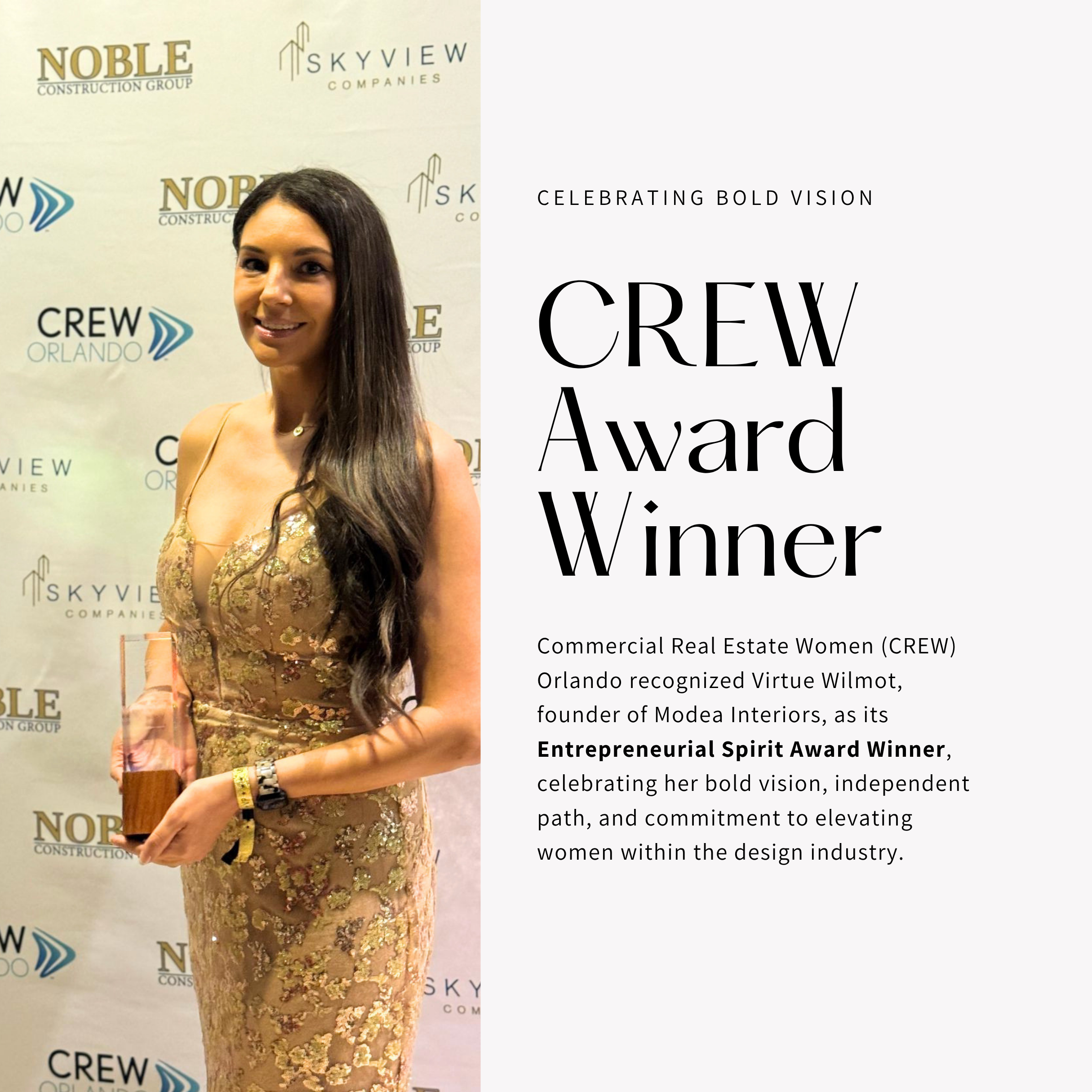 A woman with long dark hair smiling and wearing a gold dress holding an award in front of a backdrop with logos for Noble Construction Group, Skyview Companies, and Crew Orlando. The right side of the image contains text about her receiving the Entrepreneurial Spirit Award.