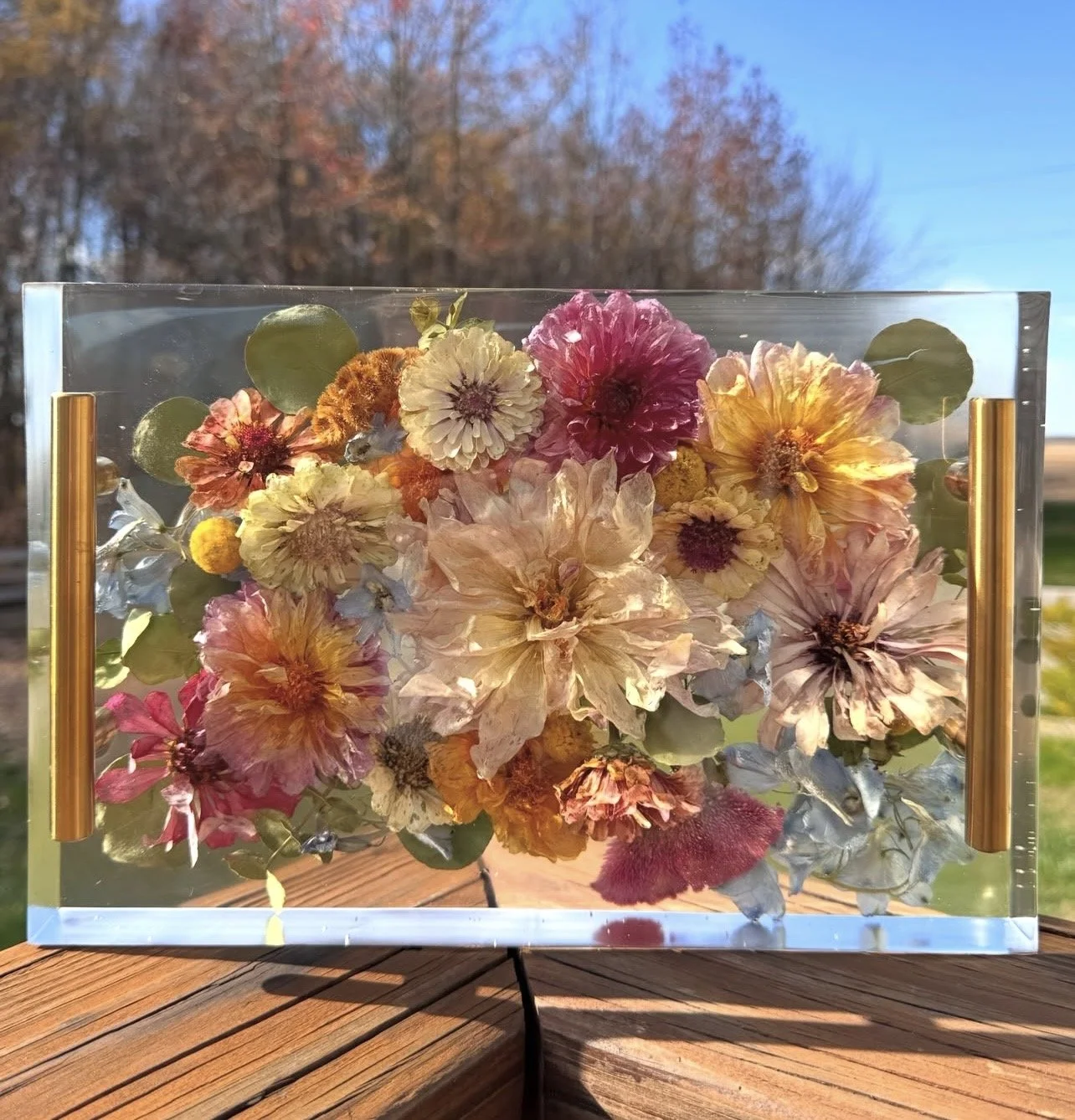 A clear rectangular acrylic box with gold handles containing a colorful arrangement of dried flowers and leaves, placed outdoors on a wooden surface with a background of trees and a blue sky.