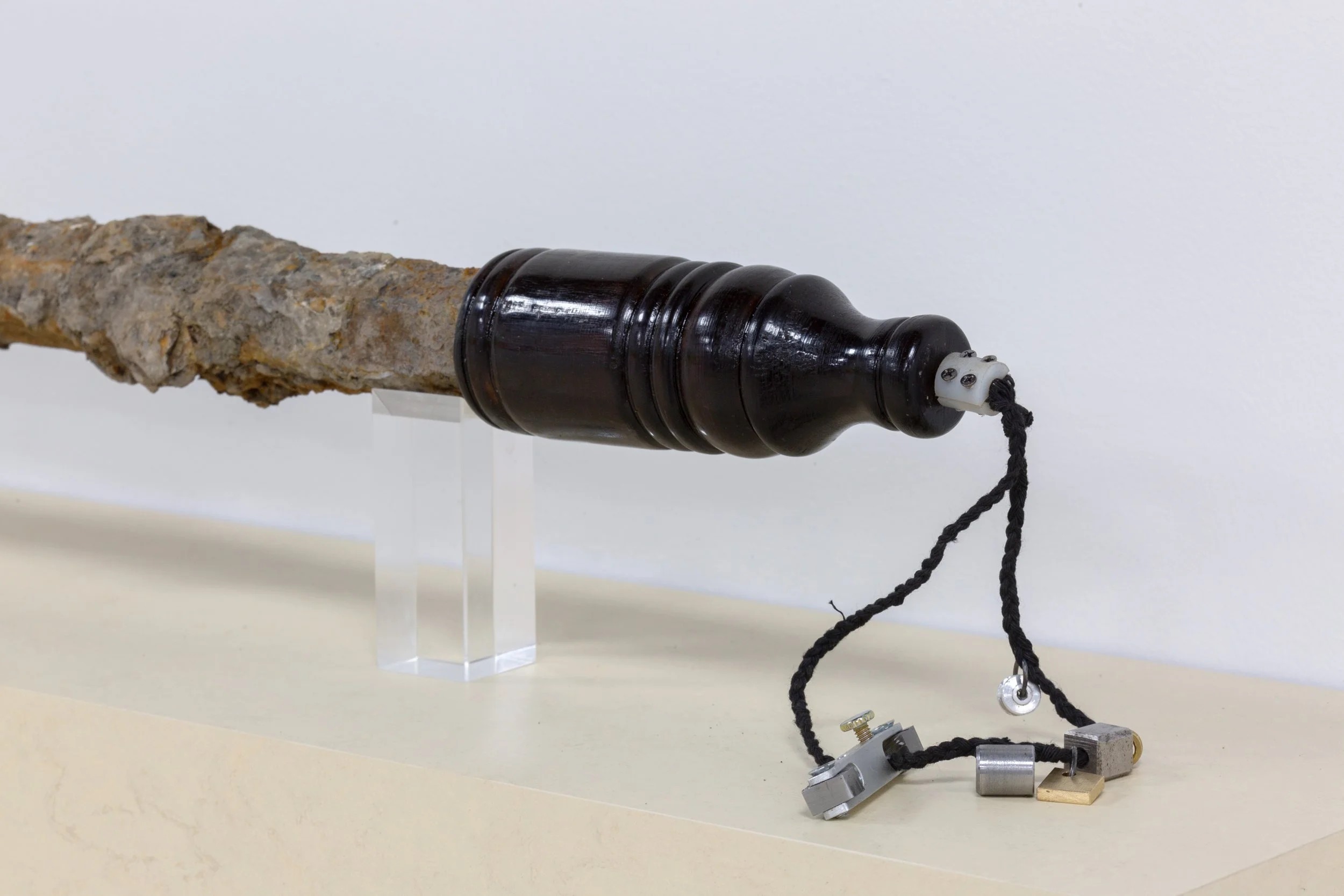 AJ Liberto
GOBLIN’S CHOICE AWARD, 2025
unearthed rockbreaker from quarry works ruin in Kerhonkson, NY, steel, aluminum, brass, nylon, found and braided rope fibers, old-growth maple felled from Connecticut churchyard, machined and polished found acr
