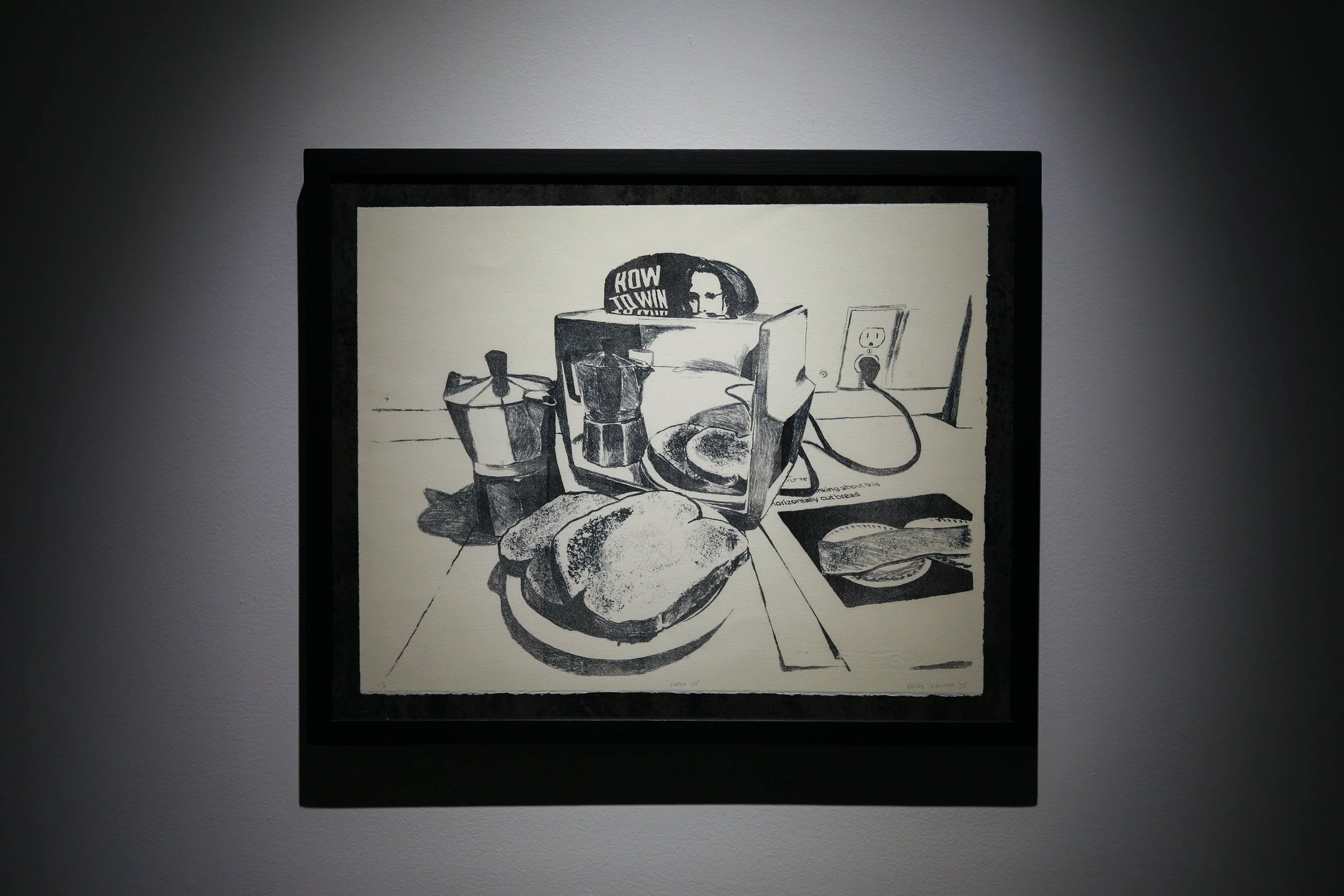 Becky Sellinger, Codex 01 (How to Win), 2025,
stone lithograph on paper, 17 x 21 (framed),
edition of 5

photo credit: Theo Cote