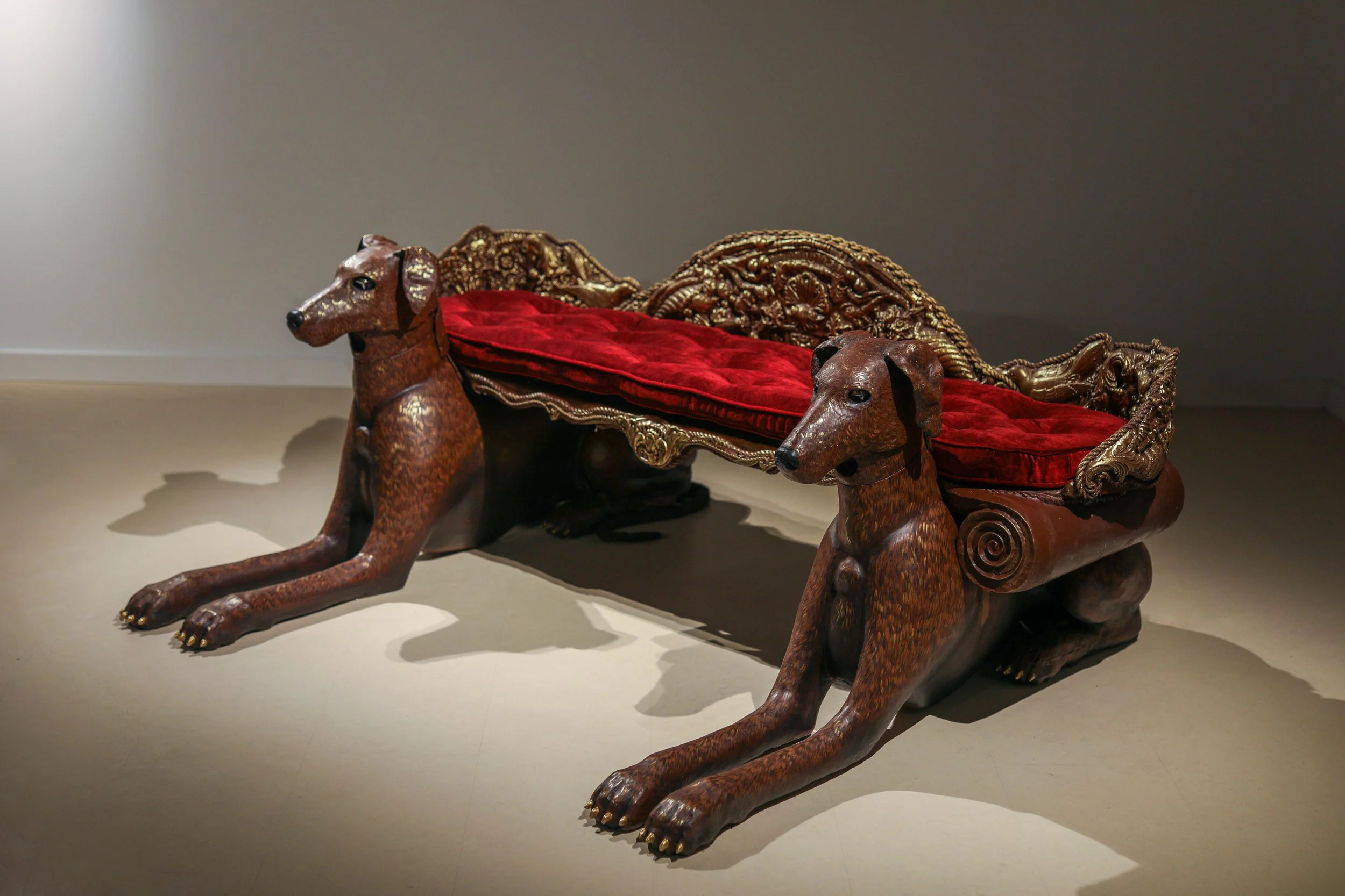 Becky Sellinger, Give A Dog a Good Name, 2026, Steel, foam, plastic, wood, rope, epoxy sculpt, servo motors, microprocessors, speaker, artist designed/printed PLA components, velvet, paint, 80 x 65 x 31

photo credit: Theo Cote