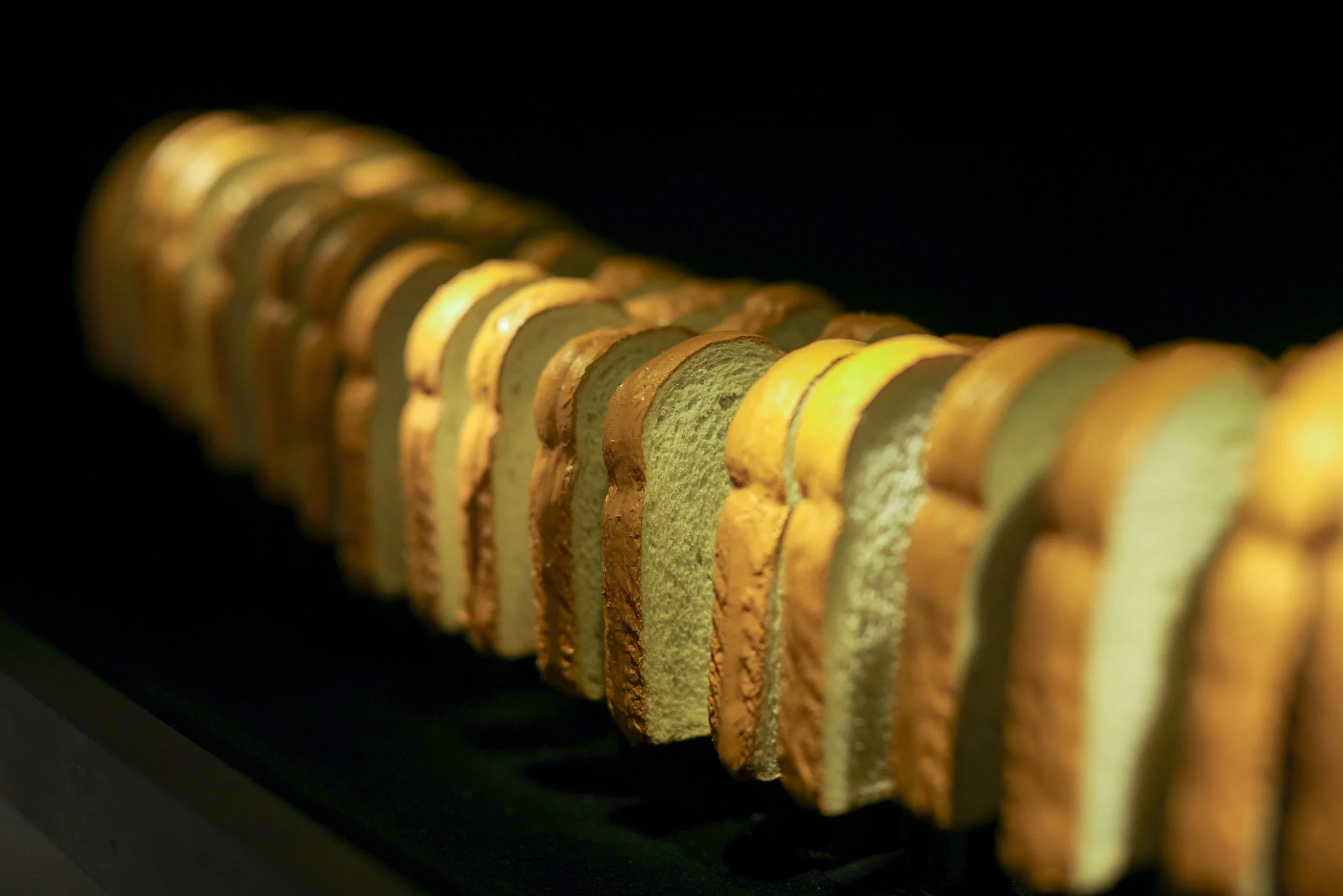 Becky Sellinger, Best Thing Since Sliced Bread, 2026, a loaf of bread, plywood, velvet, paint, felt, silicone, steel, lasercut acrylic, motor, artist designed/printed PLA components, epoxy, lacquer, 30 x 22 x 11

photo credit: Theo Cote