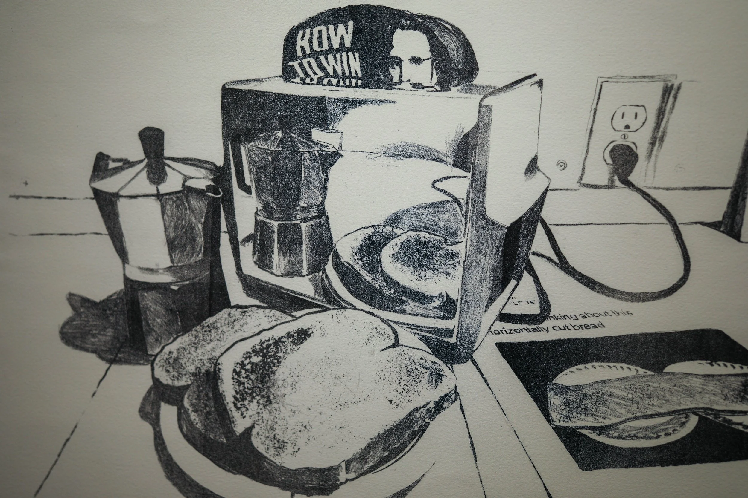 Becky Sellinger, Codex 01 (How to Win), 2025,
stone lithograph on paper, 17 x 21 (framed),
edition of 5

photo credit: Theo Cote