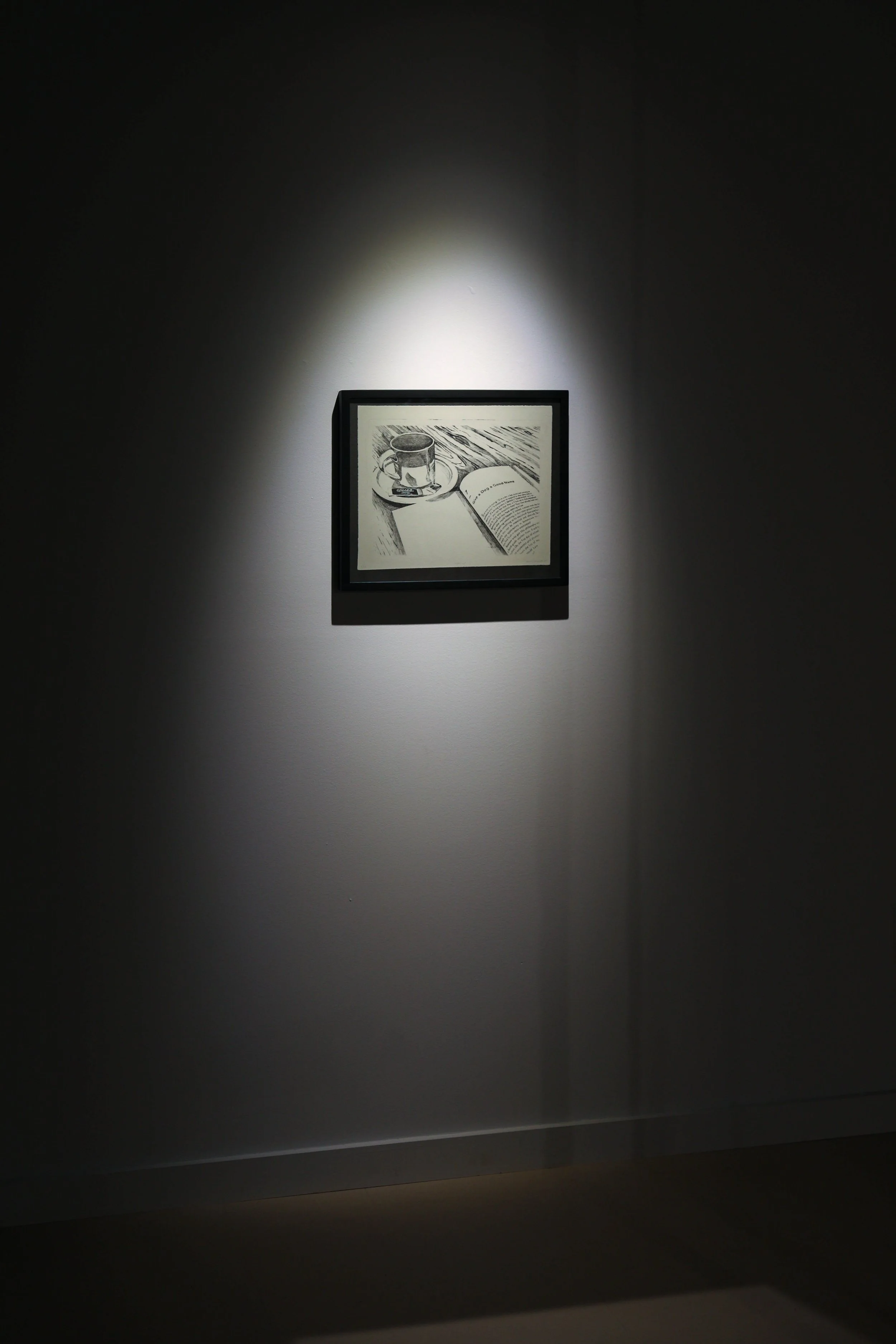 Installation view: Becky Sellinger,
Codex 02, (Good Name), 2025,
stone lithograph on paper,
19.5 x 16.5 (framed), edition of 10

photo: Theo Cote