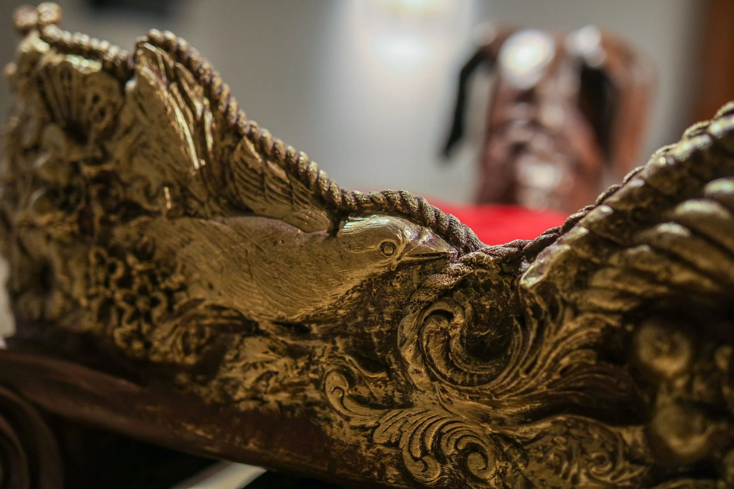 Detail: Becky Sellinger, Give A Dog a Good Name, 2026, Steel, foam, plastic, wood, rope, epoxy sculpt, servo motors, microprocessors, speaker, artist designed/printed PLA components, velvet, paint, 80 x 65 x 31

photo credit: Theo Cote