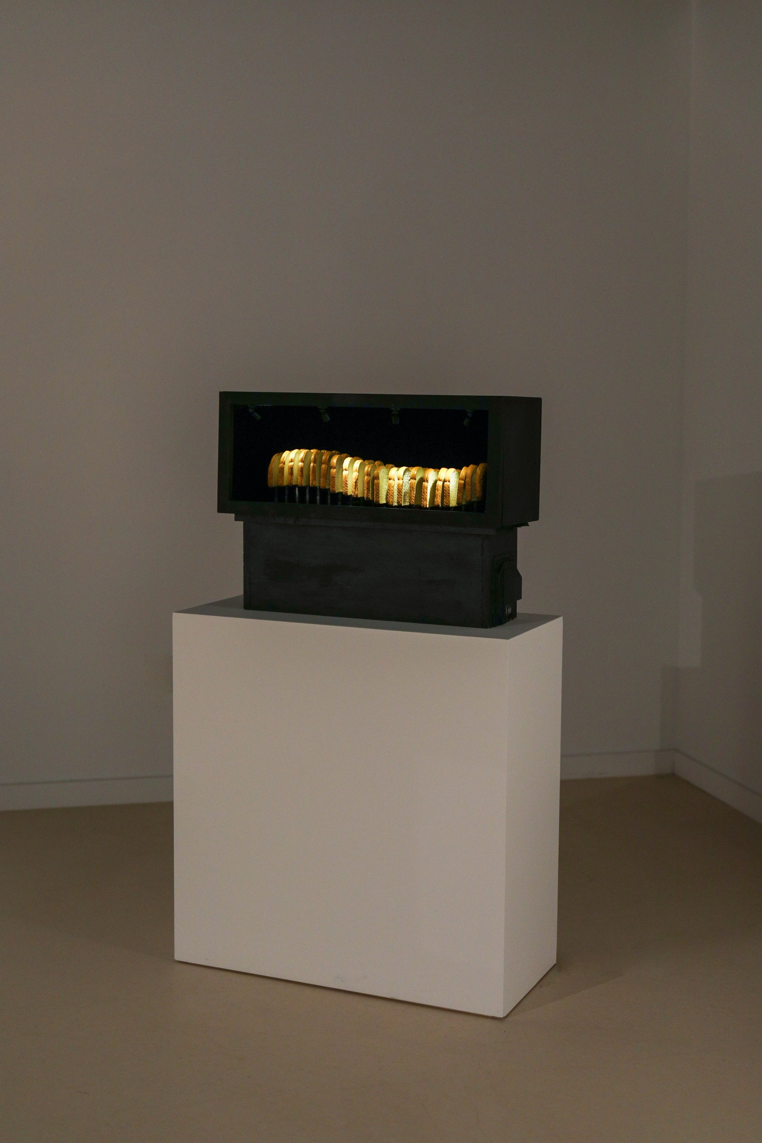 Becky Sellinger, Best Thing Since Sliced Bread, 2026, a loaf of bread, plywood, velvet, paint, felt, silicone, steel, lasercut acrylic, motor, artist designed/printed PLA components, epoxy, lacquer, 30 x 22 x 11

photo credit: Theo Cote