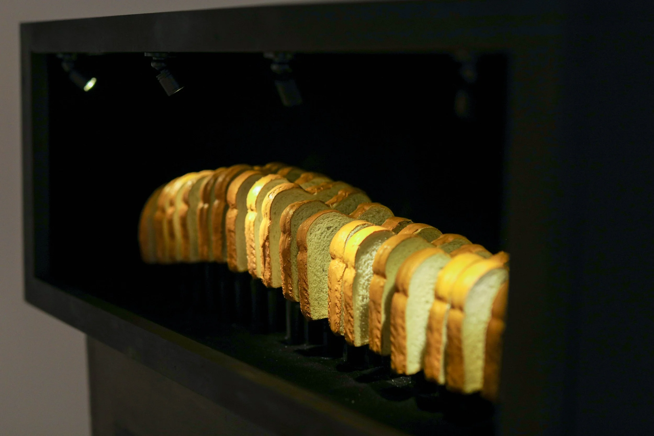 Becky Sellinger, Best Thing Since Sliced Bread, 2026, a loaf of bread, plywood, velvet, paint, felt, silicone, steel, lasercut acrylic, motor, artist designed/printed PLA components, epoxy, lacquer, 30 x 22 x 11

photo credit: Theo Cote