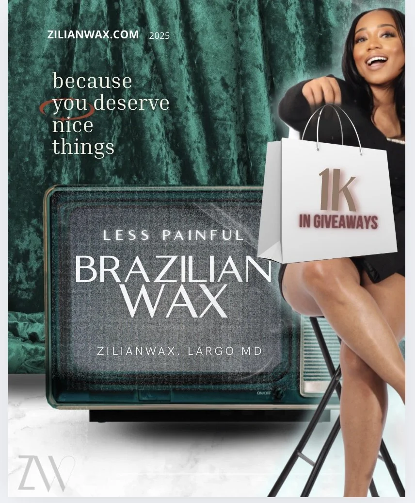 Advertisement for Brazilian wax services featuring a smiling woman sitting on a chair, holding a shopping bag with '1K in giveaways' written on it, and text promoting less painful Brazilian wax by ZilianWax.com and Dr. Lago from 2025.