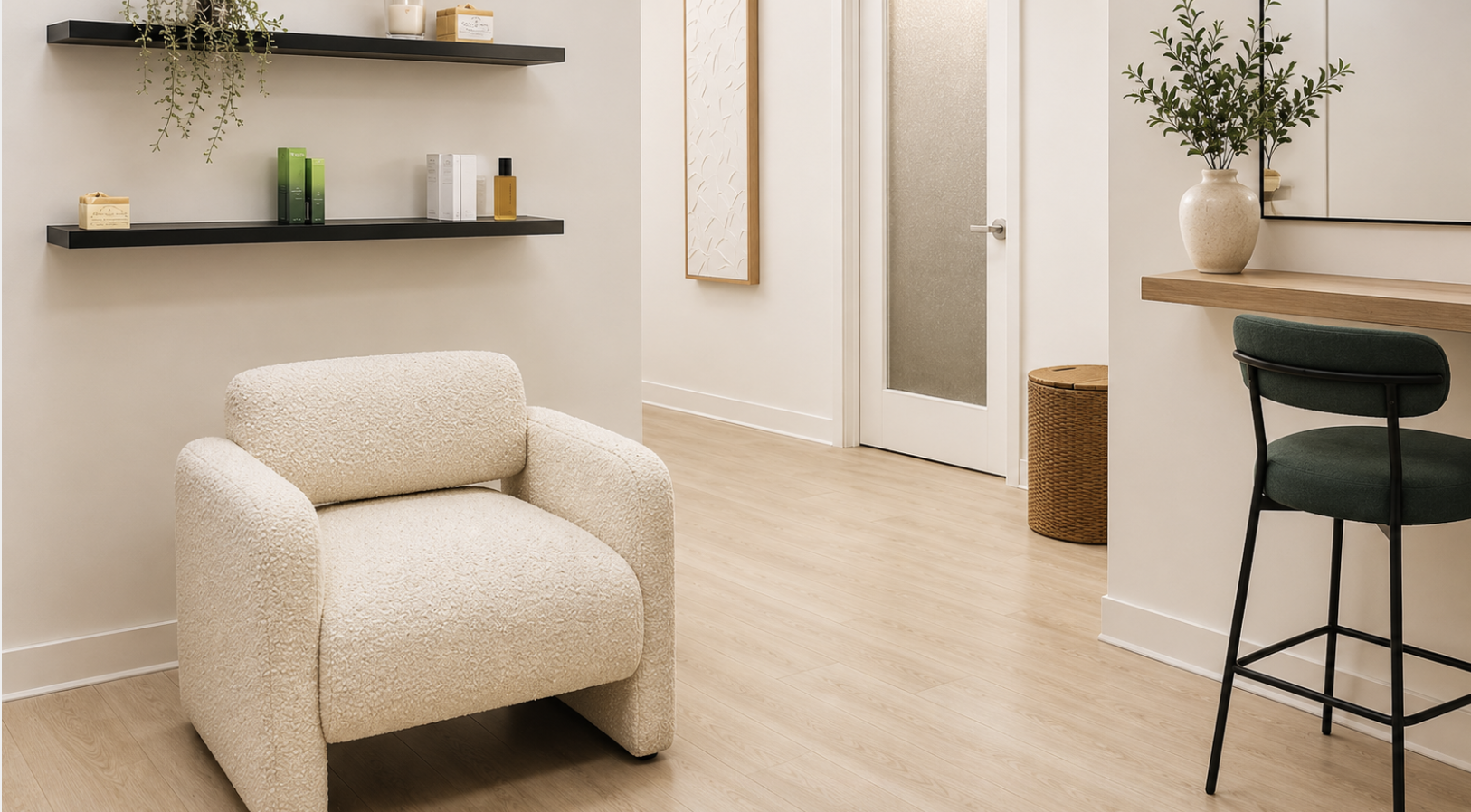 A cozy wax studio waxing area in the dmv with a cream textured armchair, wall-mounted black shelves with decorative items, a green bar stool at a wooden counter, a large leafy plant in a white vase, and a door with a frosted glass panel.