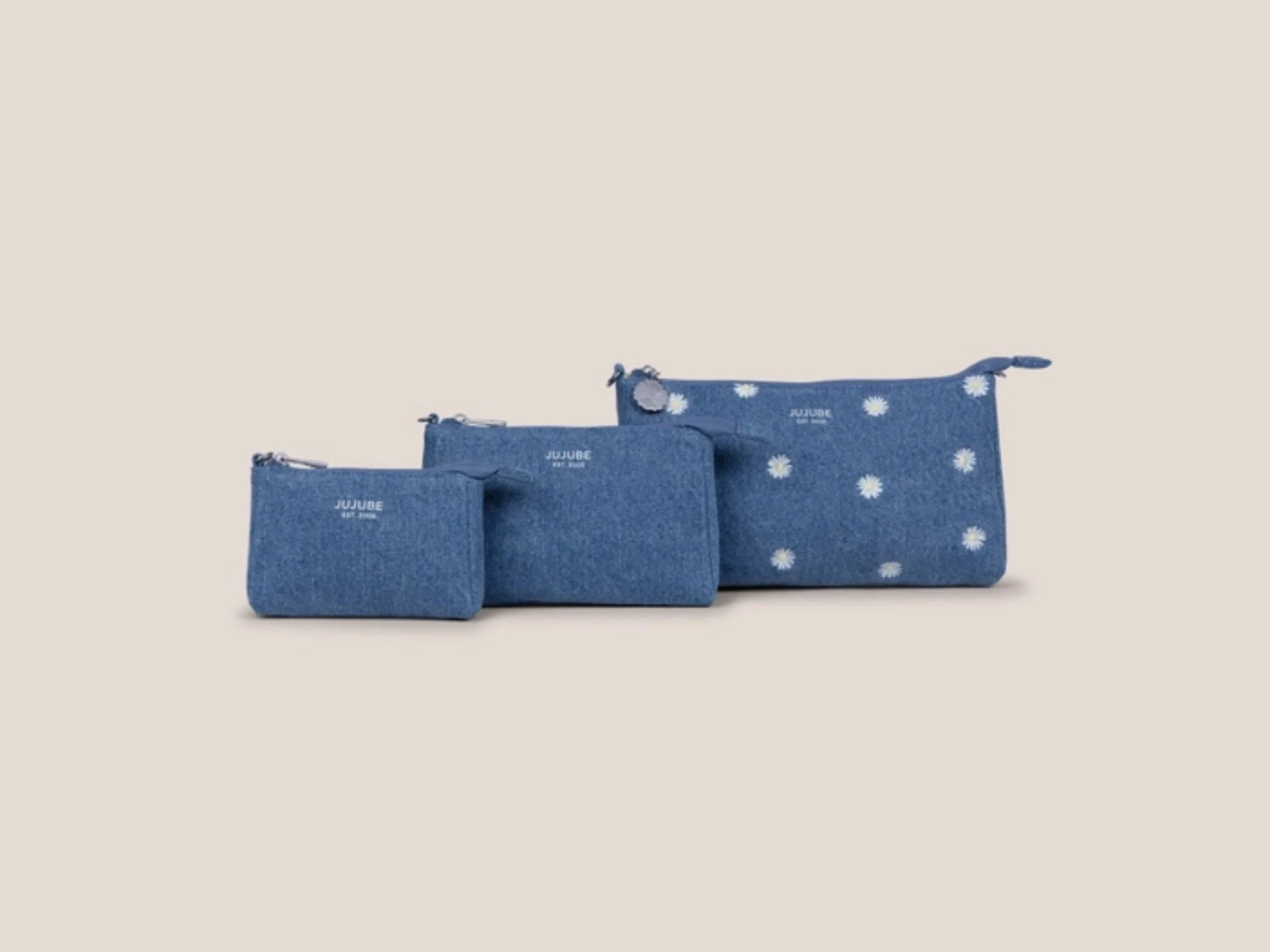 3-piece Pouch Set - Denim & Daisies