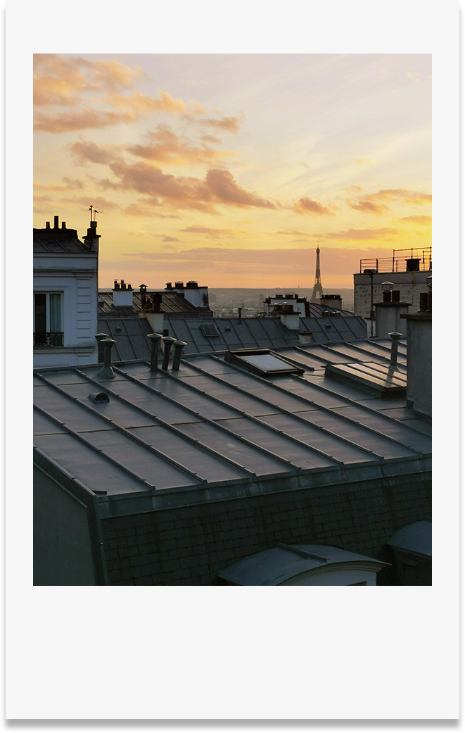 Photo style polaroid Paris coucher de soleil vue Tour Eiffel