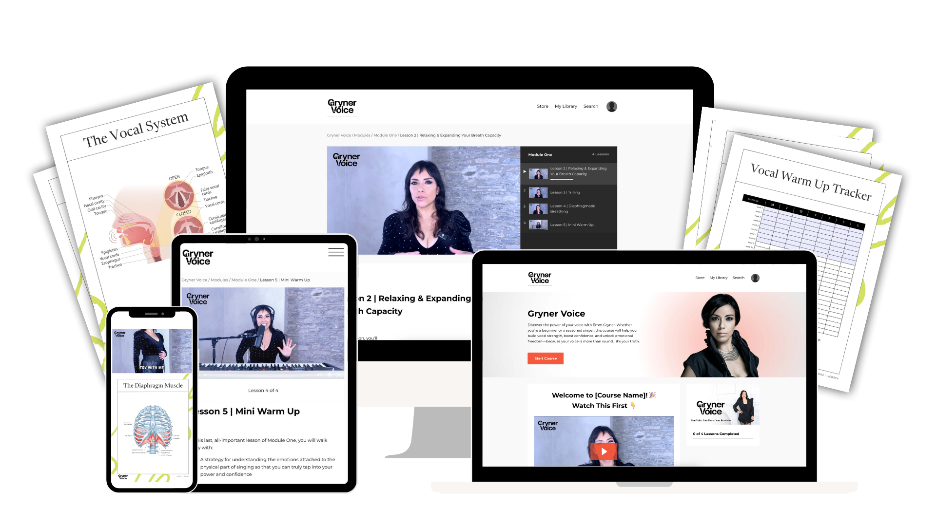 Digital collage showing online vocal training courses on various devices, including laptops, tablets, and smartphones, with instructional videos, lesson plans, and vocal diagrams displayed.