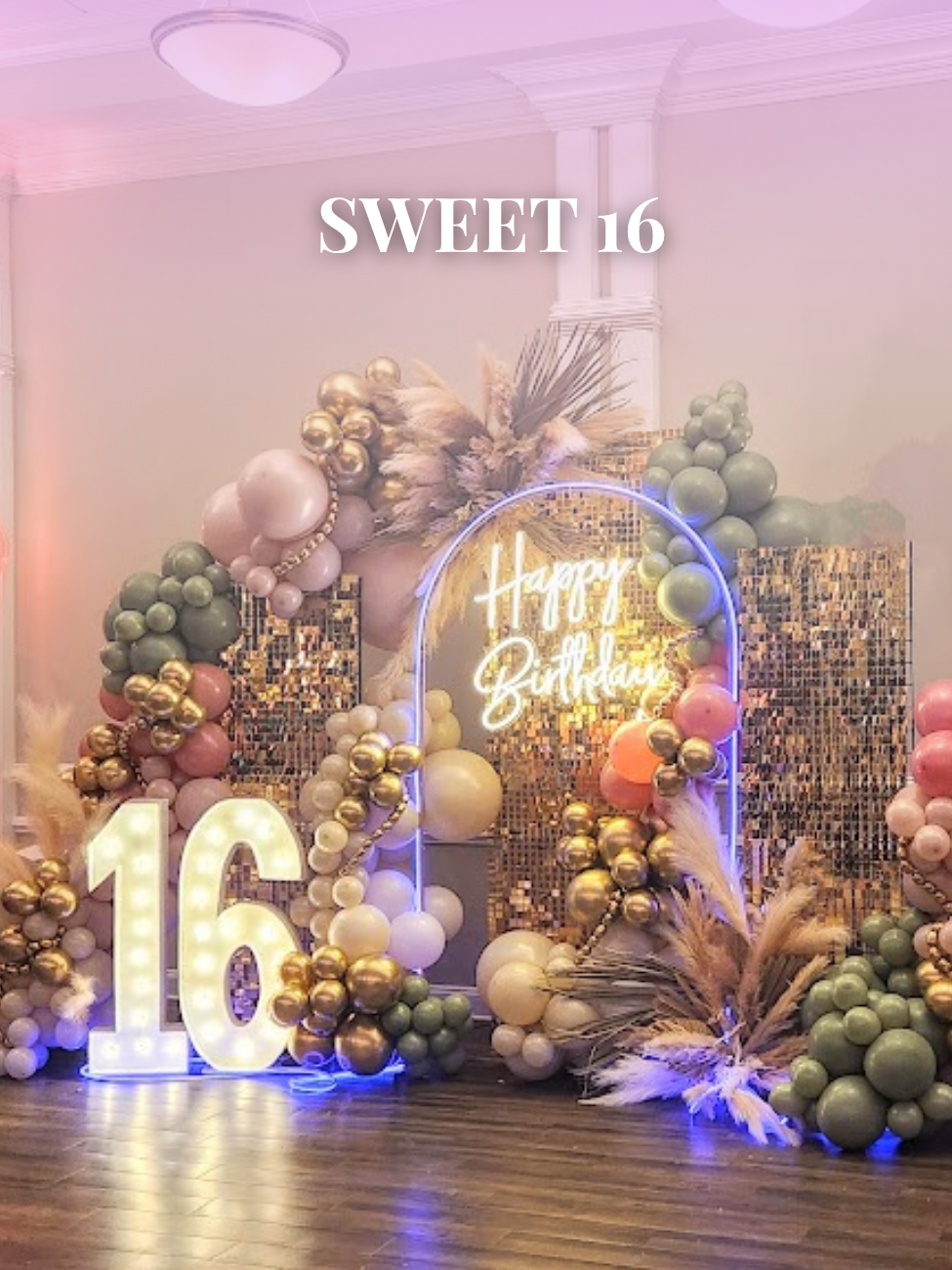 SWEET 16 PARTY BALLOONS AND BACKDROP
