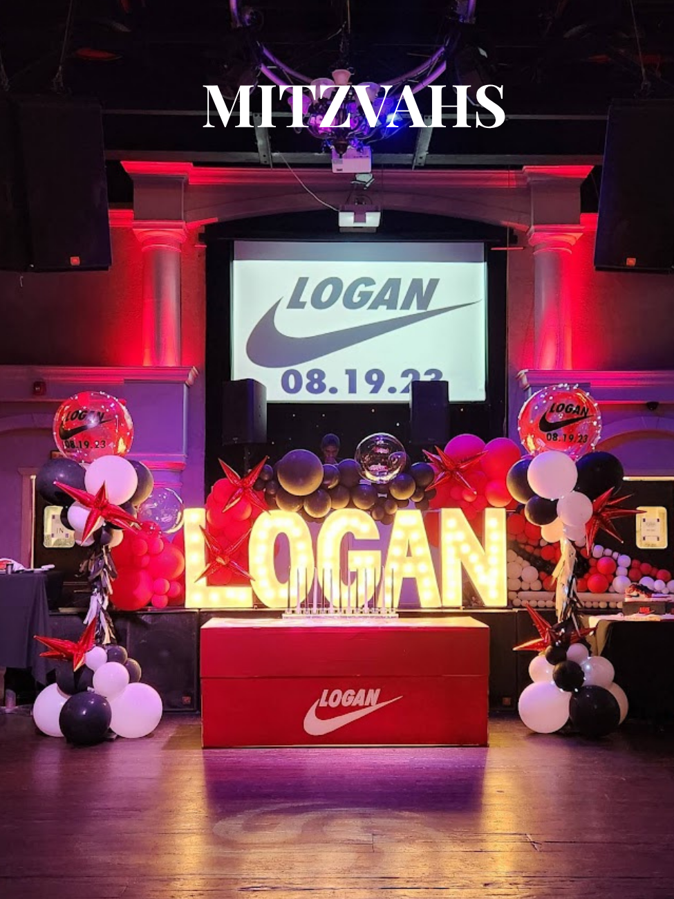 bar miztvah, bat mitzvah, b'nai mitzvah, decorations backdrop, name in lights
