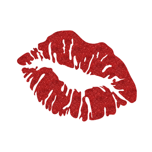 Red glitter lipstick kiss mark on black background.