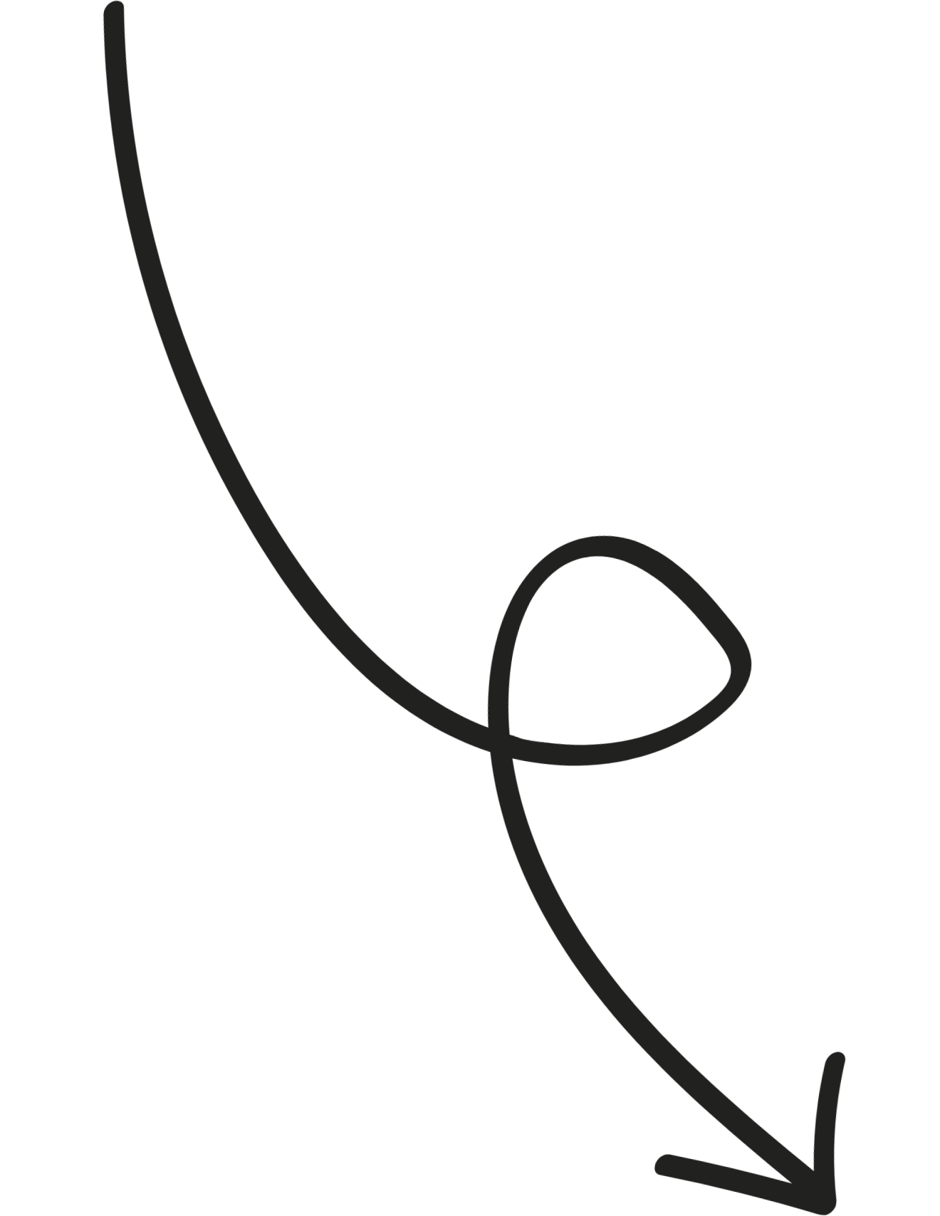 Black arrow with a loop in the middle, pointing downward to the right.