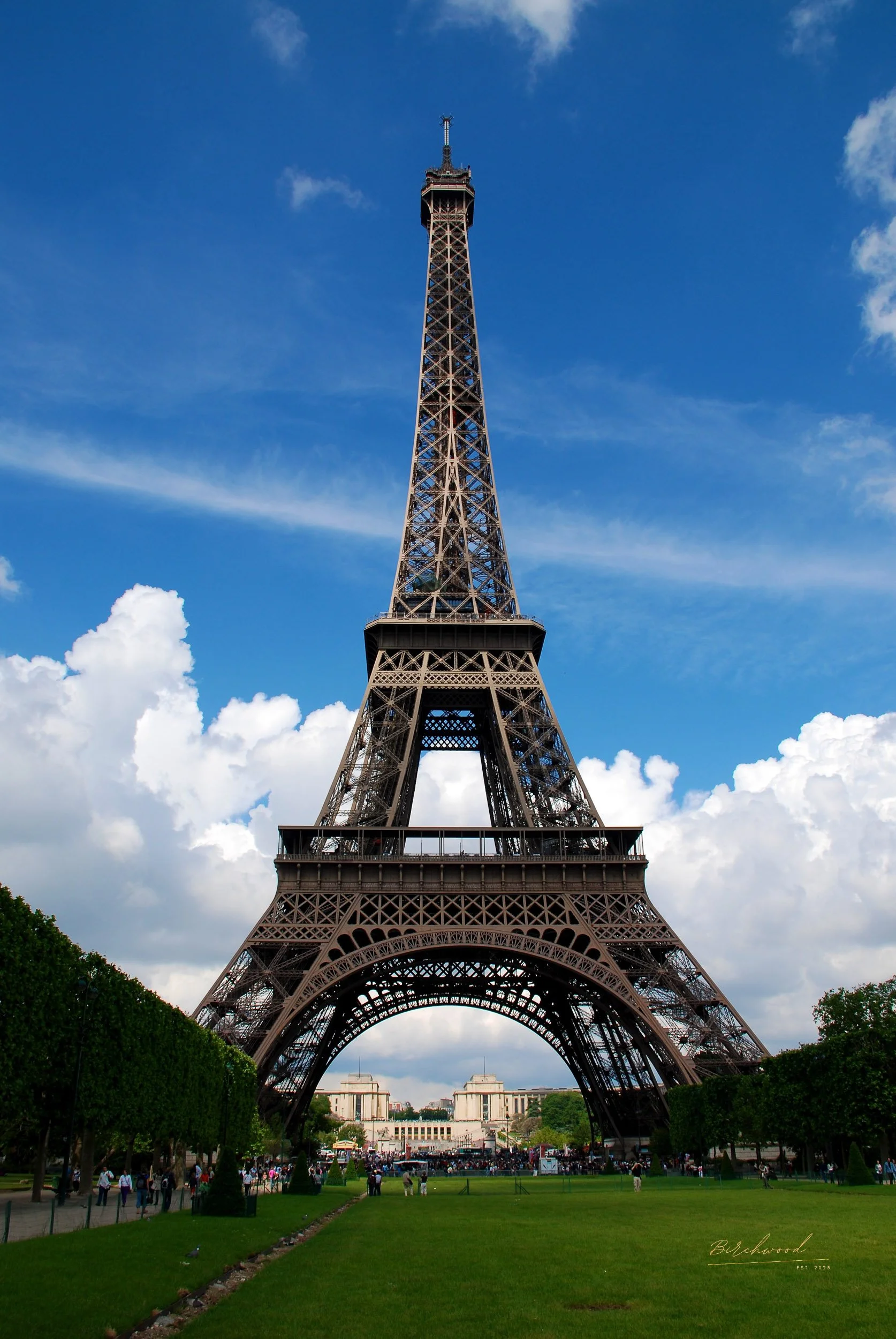 The Eiffel Tower in Paris, France, viewed from the Champ de Mars park with a blue sky and some clouds in the background.