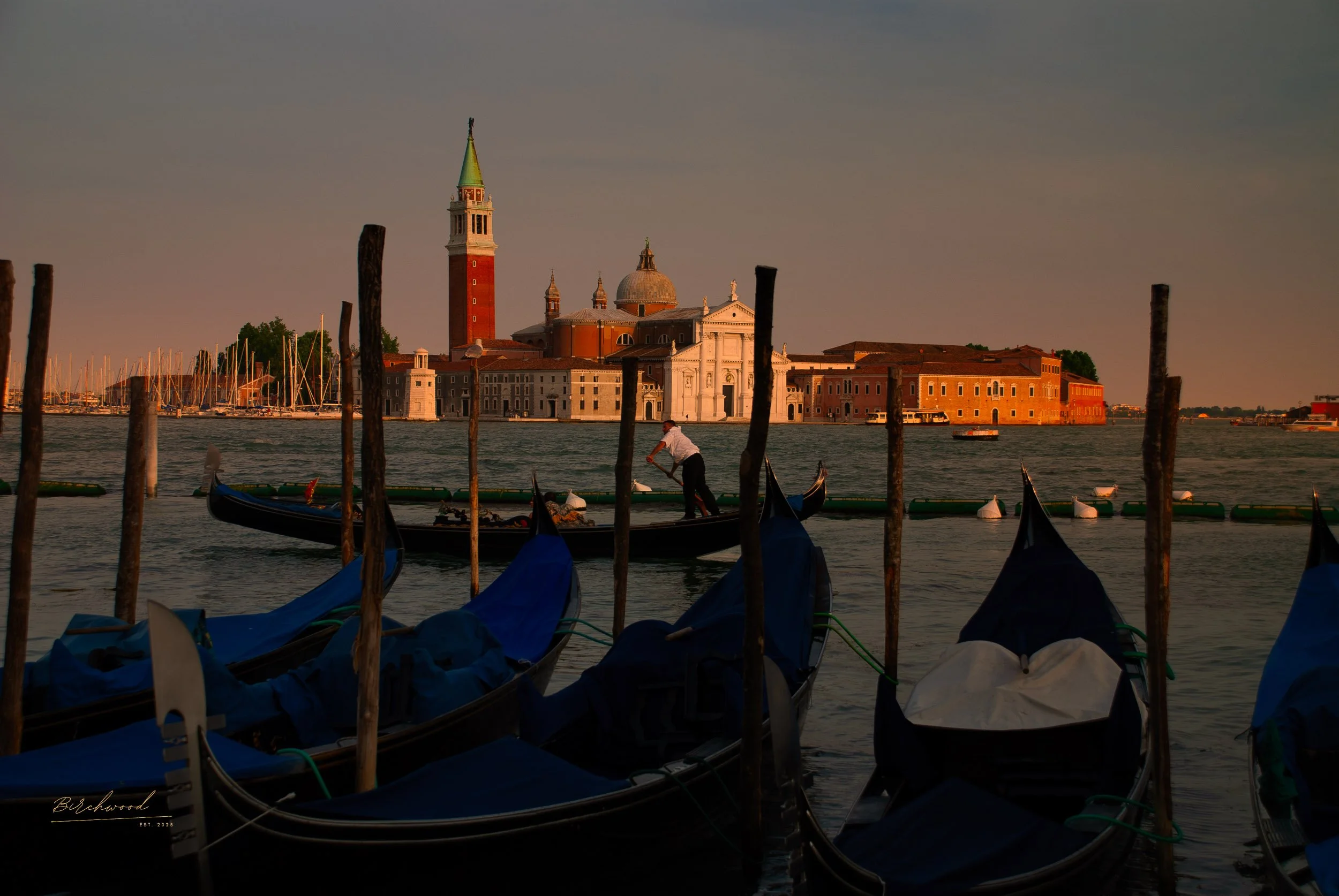 Gondolas docked on the water with a gondolier on one, in front of historic buildings and a tower on a sunset-lit canal in Venice, Italy.
