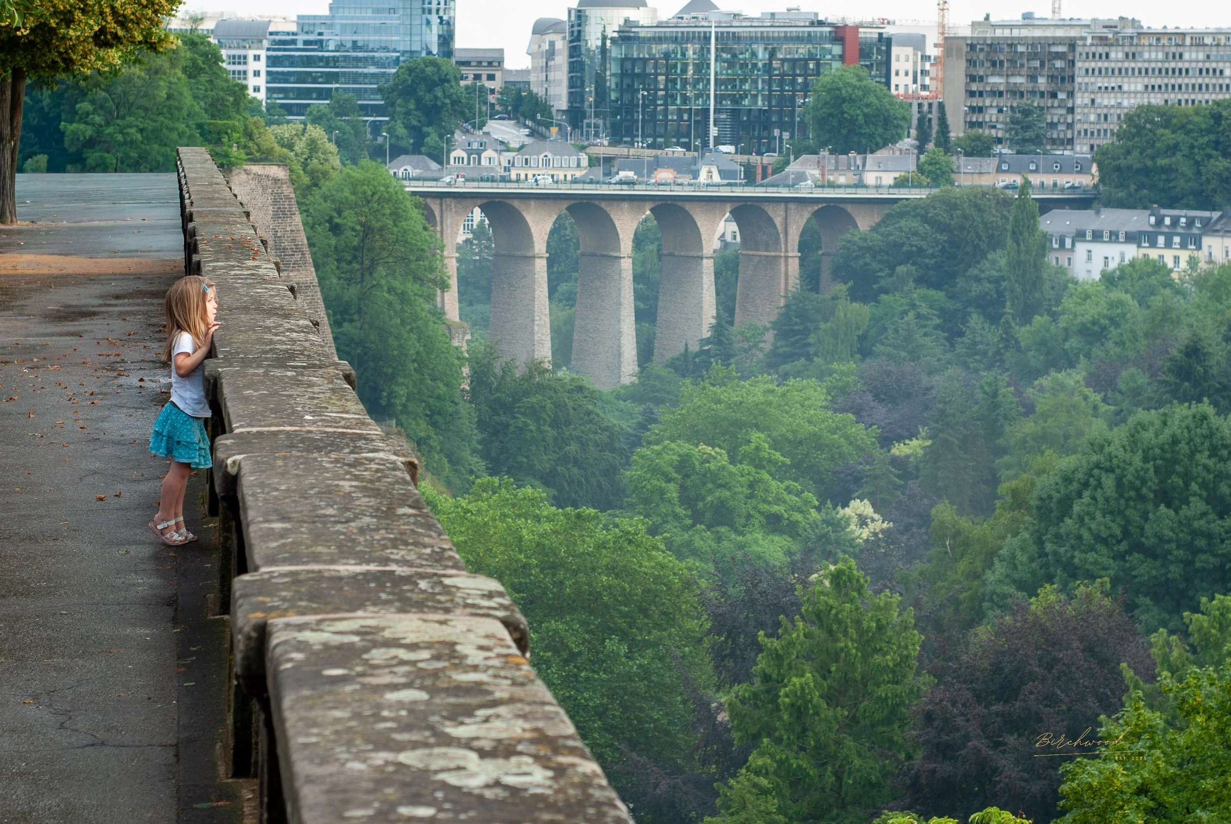 A young girl with blonde hair wearing a white shirt, teal skirt and sandals looks over the stone railing of a lookout point, overlooking a large gorge filled with green trees and a bridge with multiple arches in the distance, in Luxembourg.