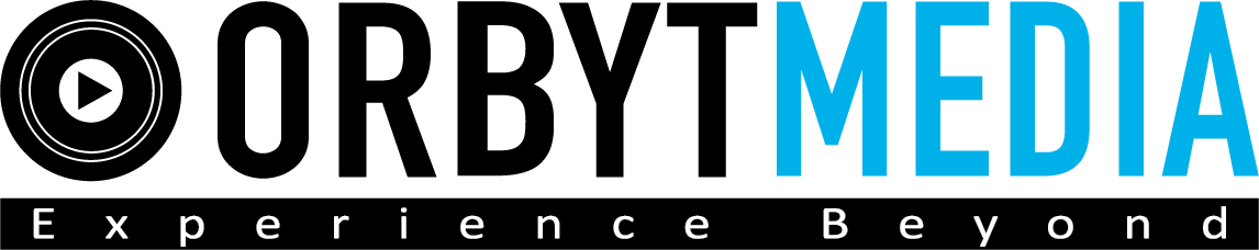 Orbit spelled with a "y" in black text, Media in blue text