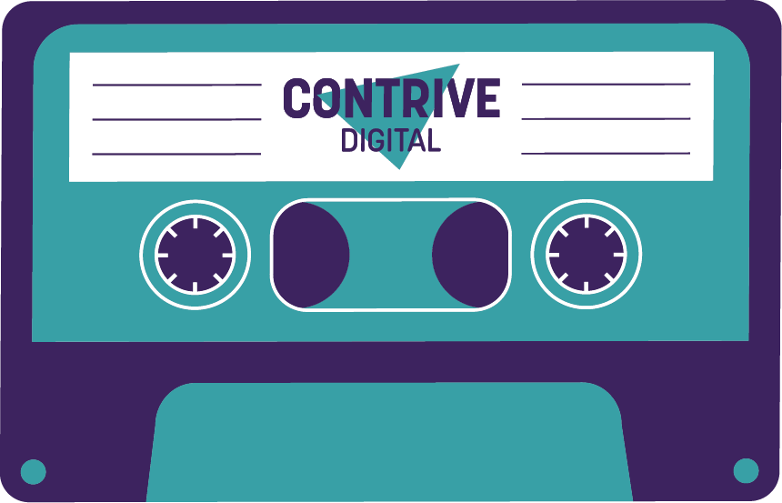 Illustration of a teal and purple cassette tape labeled 'Contrive Digital' with two circular reels and space for writing on the label.