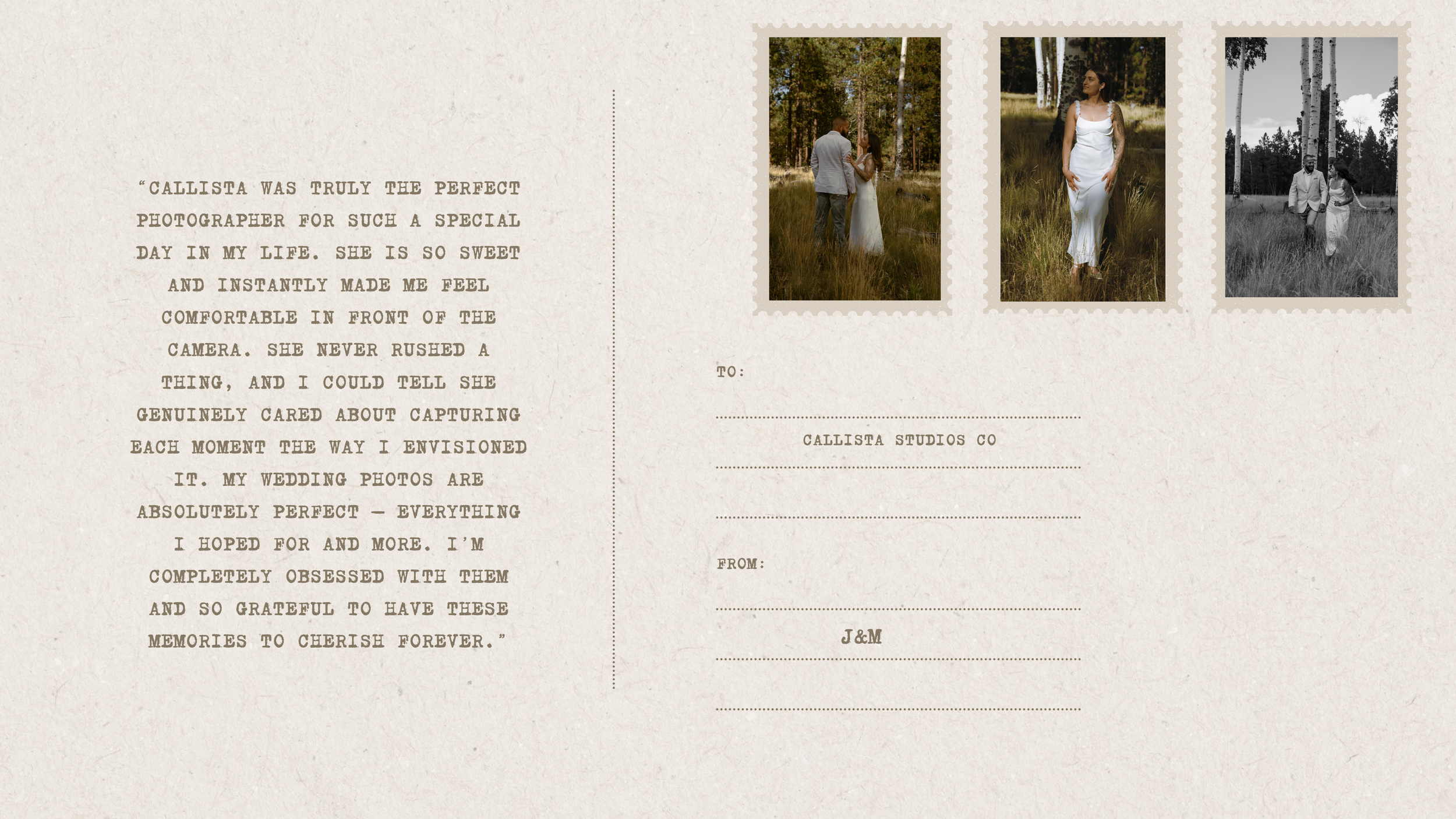 The image shows a postcard with three photographs of a couple in a forest, a quote about the photographer, and spaces for recipient and sender information.