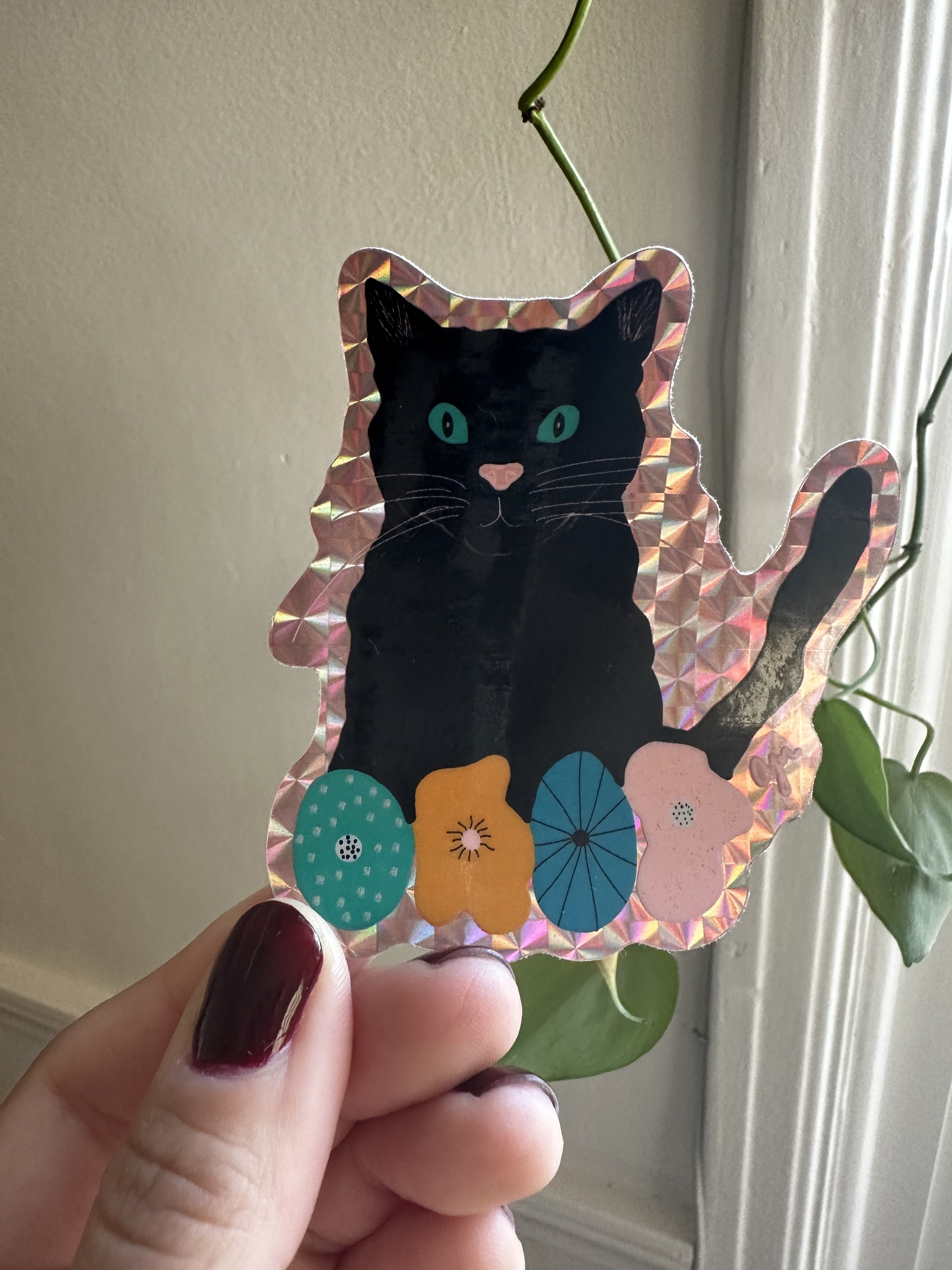 Black Cat with Flowers Sticker